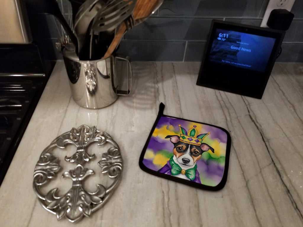 Jack Russell Terrier King of Mardi Gras Pot Holder Set of 2 Heat Resistant Quilted Hot Pads 7.5 x 7.5 Inch, Insulated Kitchen Trivets for Cooking & Baking