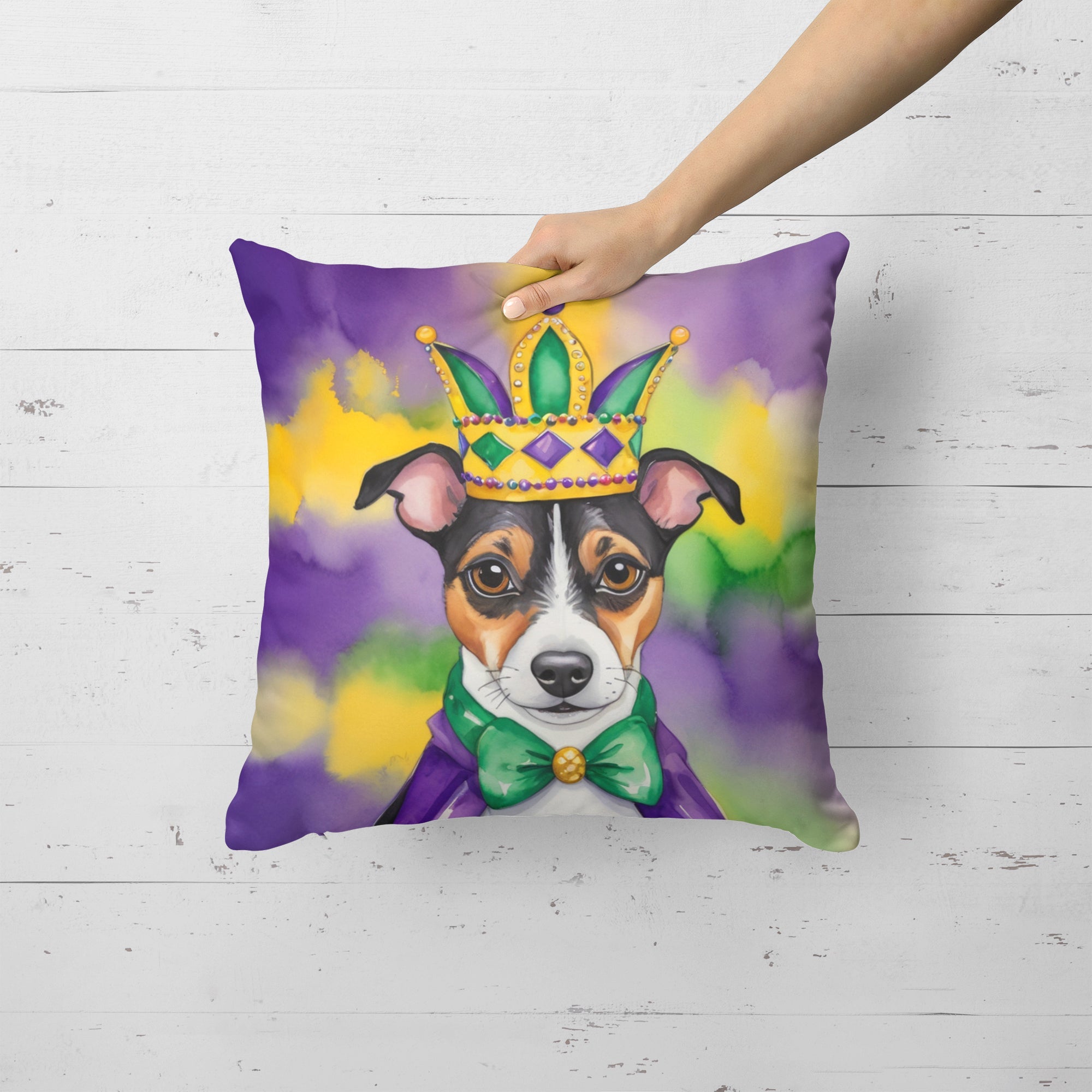 Jack Russell Terrier King of Mardi Gras Decorative Throw Pillow 18x18 Indoor Outdoor Accent Cushion, Fabric Cover with Insert for Sofa, Bed, Porch & Living Room