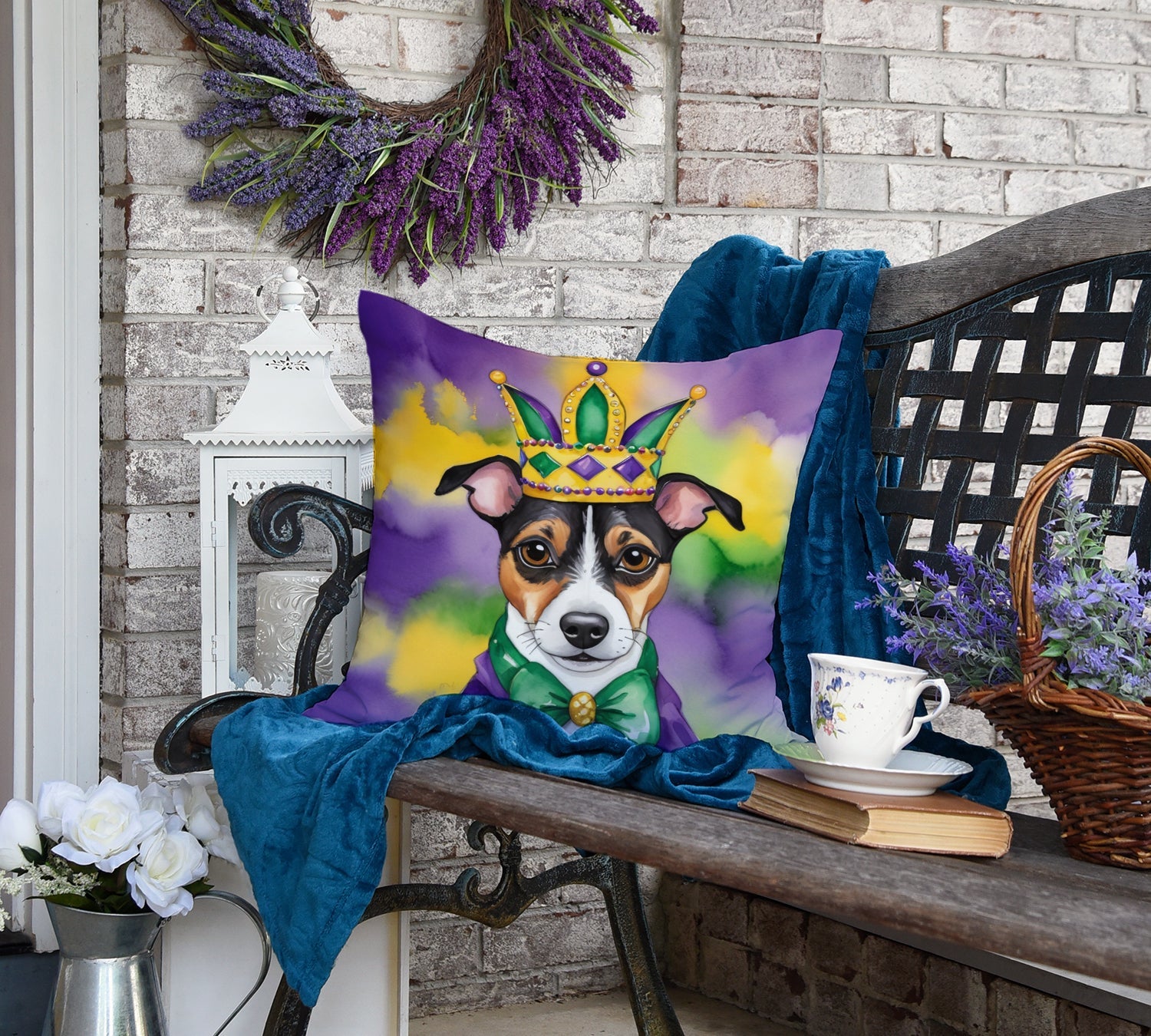 Jack Russell Terrier King of Mardi Gras Decorative Throw Pillow 18x18 Indoor Outdoor Accent Cushion, Fabric Cover with Insert for Sofa, Bed, Porch & Living Room