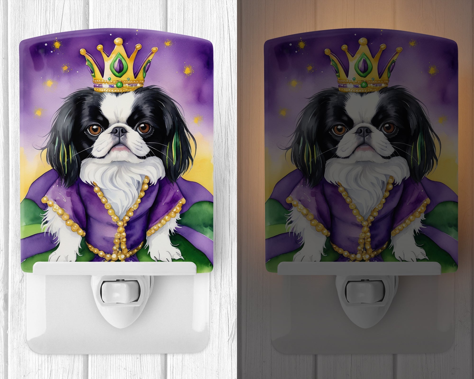 Japanese Chin King of Mardi Gras Ceramic Night Light Compact, UL-Certified, Ideal for Bedroom, Bathroom, Nursery, Hallway, Kitchen, 6x4x3, Multicolor