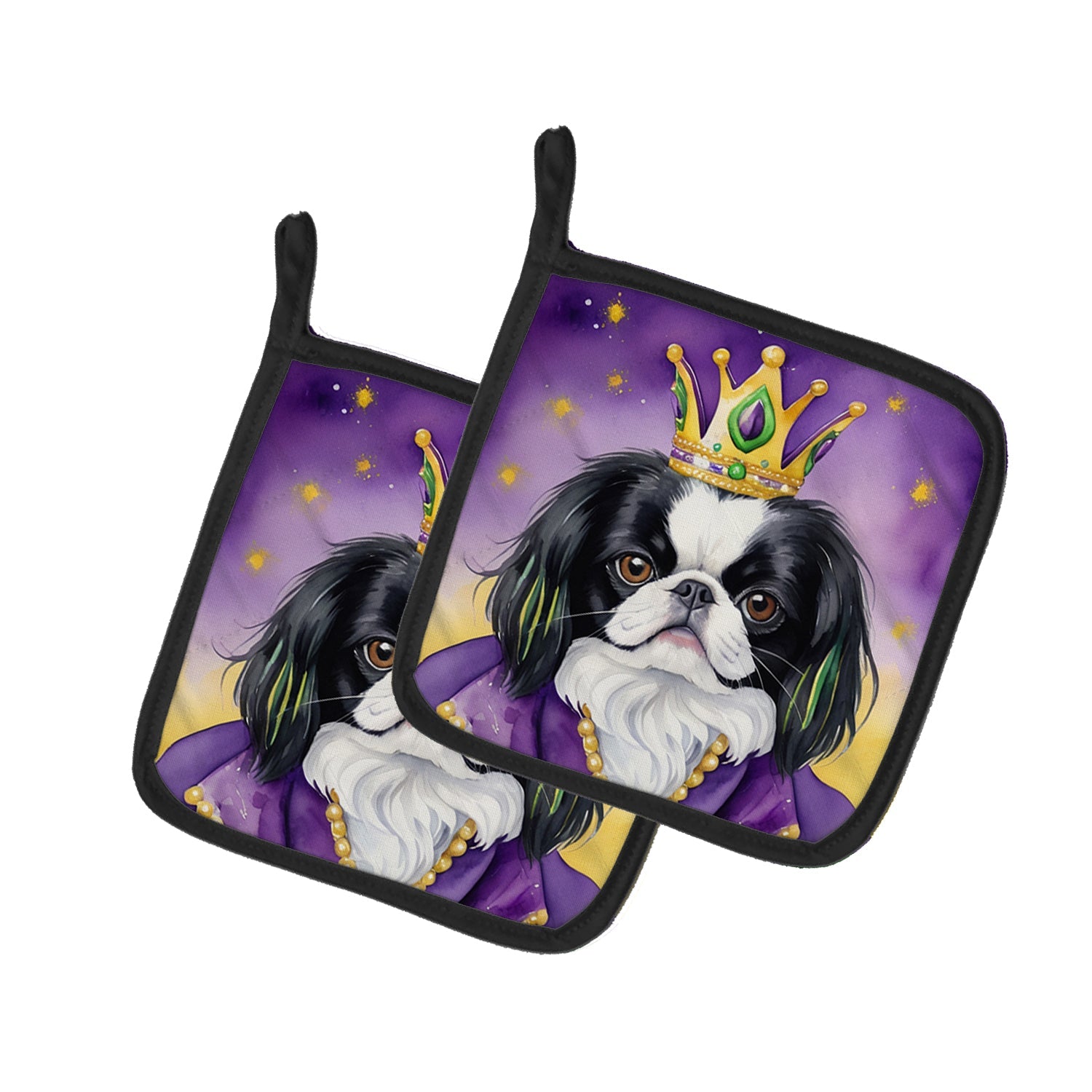 Japanese Chin King of Mardi Gras Pot Holder Set of 2 Heat Resistant Quilted Hot Pads 7.5 x 7.5 Inch, Insulated Kitchen Trivets for Cooking & Baking