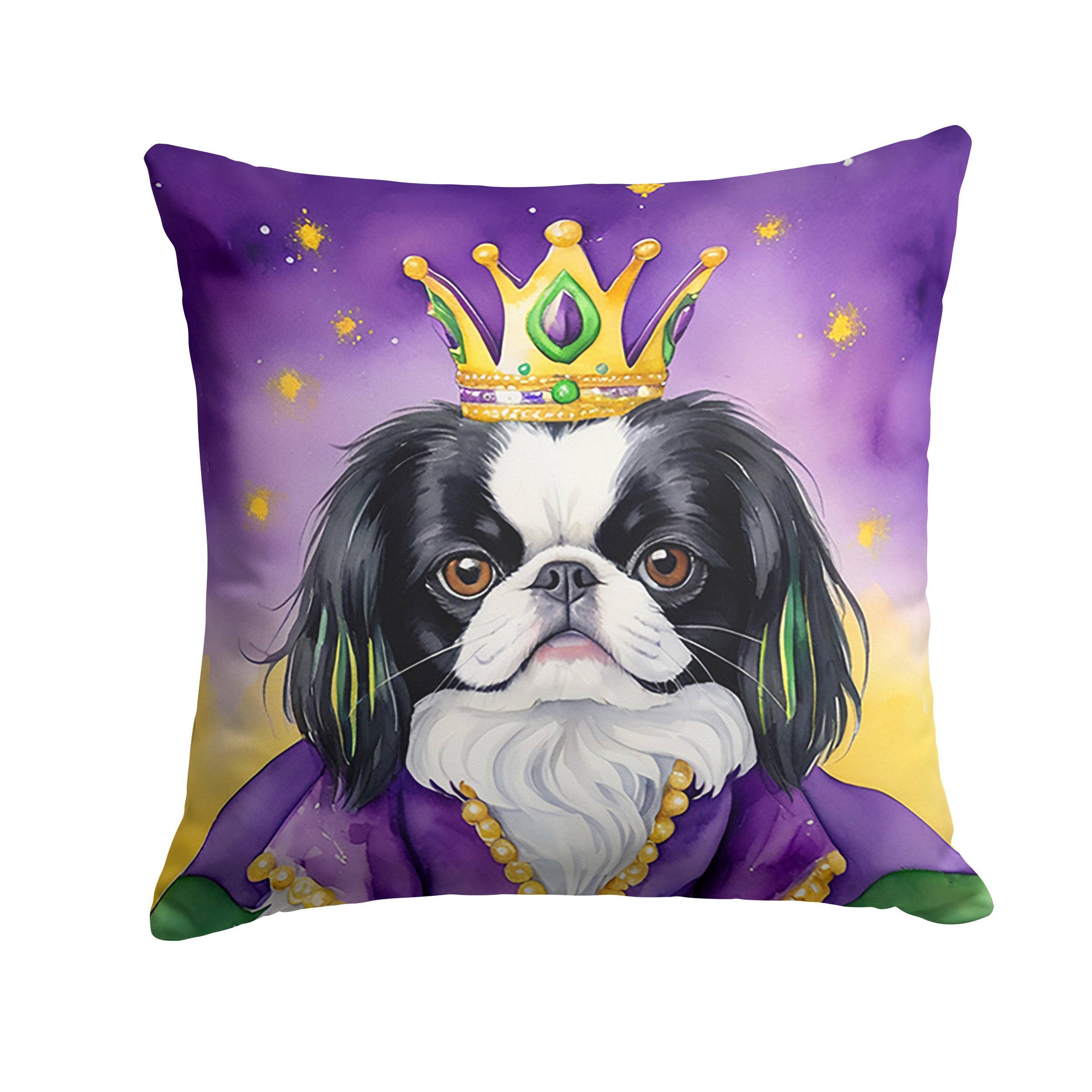 Japanese Chin King of Mardi Gras Decorative Throw Pillow 14x14 Indoor Outdoor Accent Cushion, Fabric Cover with Insert for Sofa, Bed, Porch & Living Room