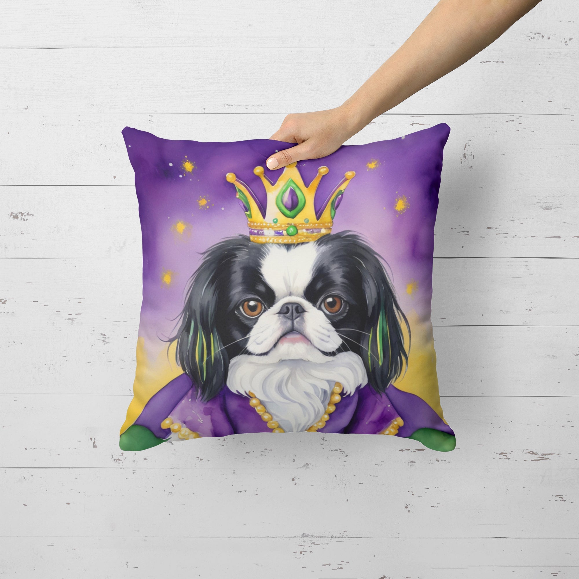 Japanese Chin King of Mardi Gras Decorative Throw Pillow 18x18 Indoor Outdoor Accent Cushion, Fabric Cover with Insert for Sofa, Bed, Porch & Living Room