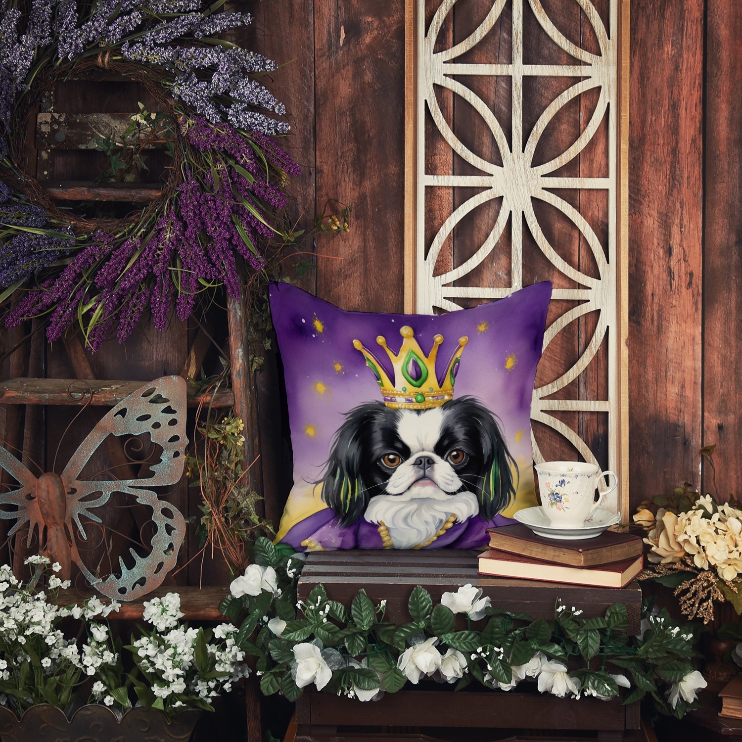 Japanese Chin King of Mardi Gras Decorative Throw Pillow 18x18 Indoor Outdoor Accent Cushion, Fabric Cover with Insert for Sofa, Bed, Porch & Living Room