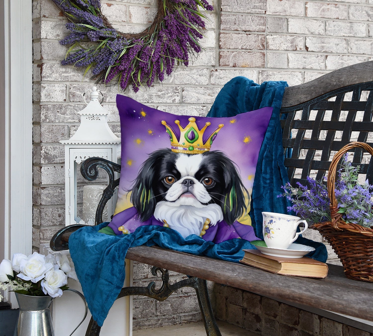 Japanese Chin King of Mardi Gras Decorative Throw Pillow 18x18 Indoor Outdoor Accent Cushion, Fabric Cover with Insert for Sofa, Bed, Porch & Living Room