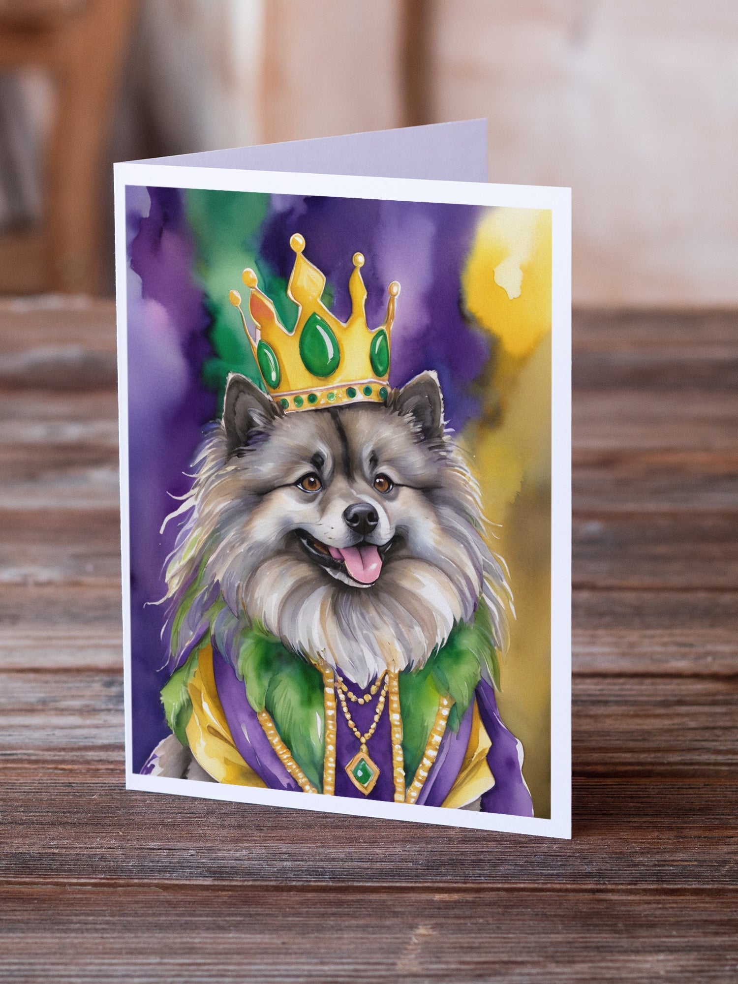 Keeshond King of Mardi Gras Greeting Cards Pack of 8 Blank Cards with Envelopes Whimsical A7 Size 5x7