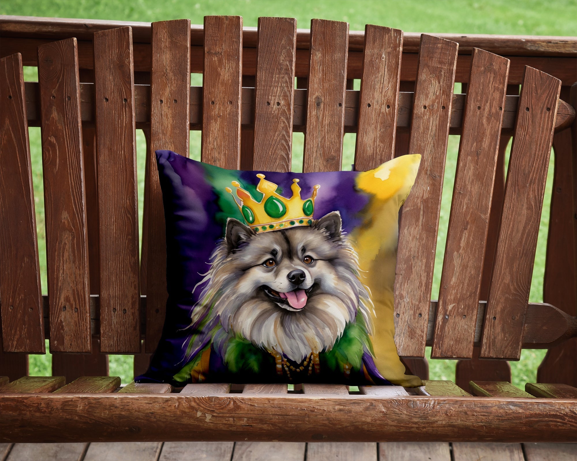 Keeshond King of Mardi Gras Decorative Throw Pillow 14x14 Indoor Outdoor Accent Cushion, Fabric Cover with Insert for Sofa, Bed, Porch & Living Room