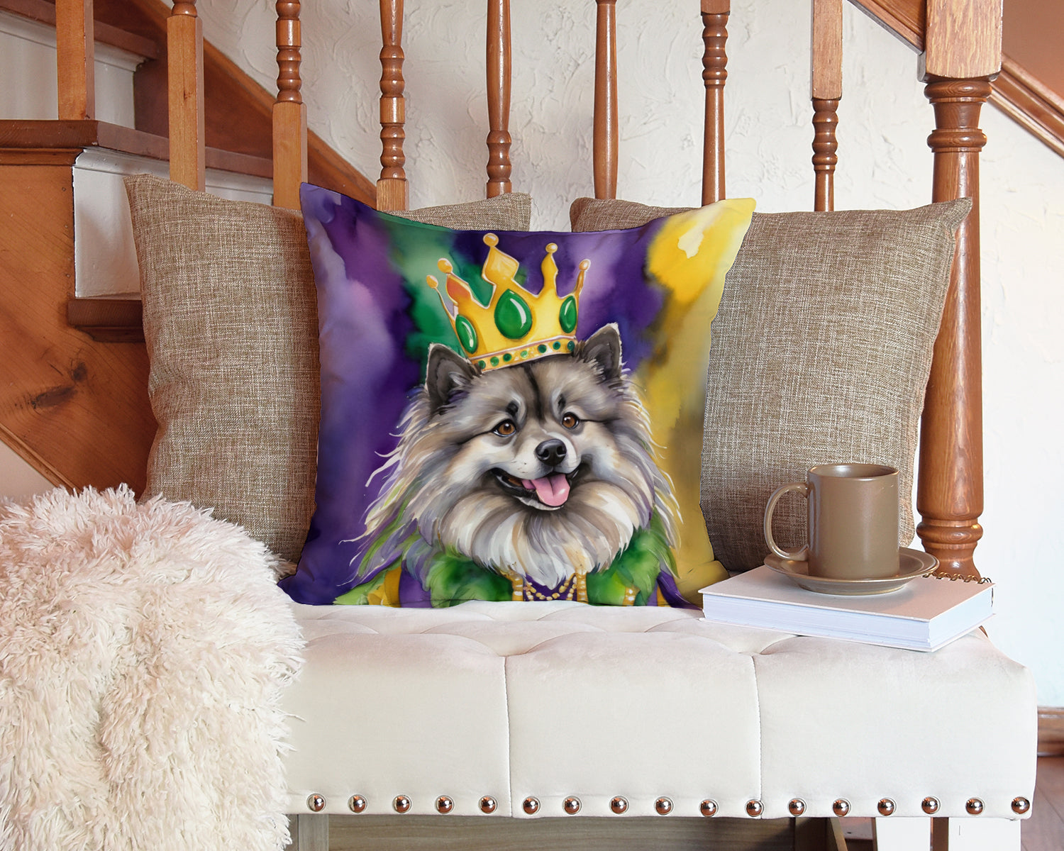 Keeshond King of Mardi Gras Decorative Throw Pillow 14x14 Indoor Outdoor Accent Cushion, Fabric Cover with Insert for Sofa, Bed, Porch & Living Room