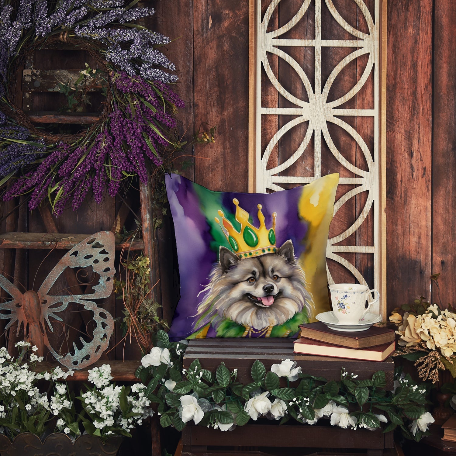 Keeshond King of Mardi Gras Decorative Throw Pillow 14x14 Indoor Outdoor Accent Cushion, Fabric Cover with Insert for Sofa, Bed, Porch & Living Room