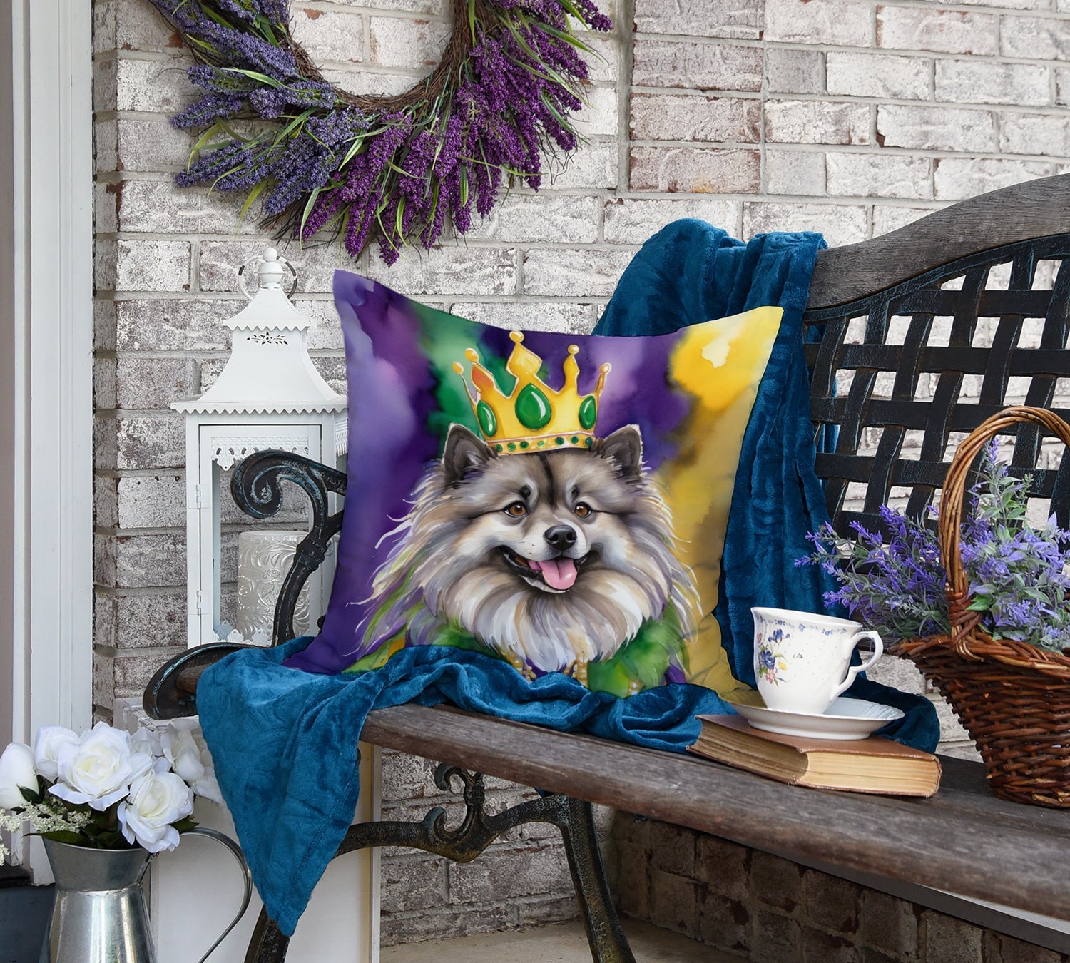 Keeshond King of Mardi Gras Decorative Throw Pillow 18x18 Indoor Outdoor Accent Cushion, Fabric Cover with Insert for Sofa, Bed, Porch & Living Room