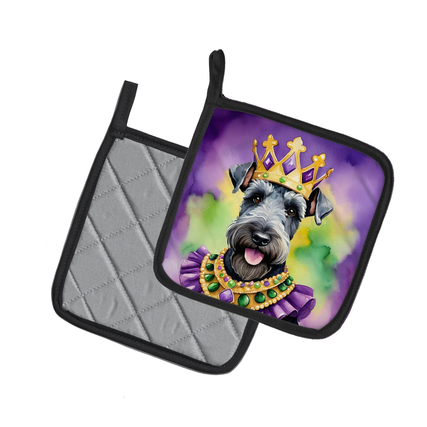 Kerry Blue Terrier King of Mardi Gras Pot Holder Set of 2 Heat Resistant Quilted Hot Pads 7.5 x 7.5 Inch, Insulated Kitchen Trivets for Cooking & Baking