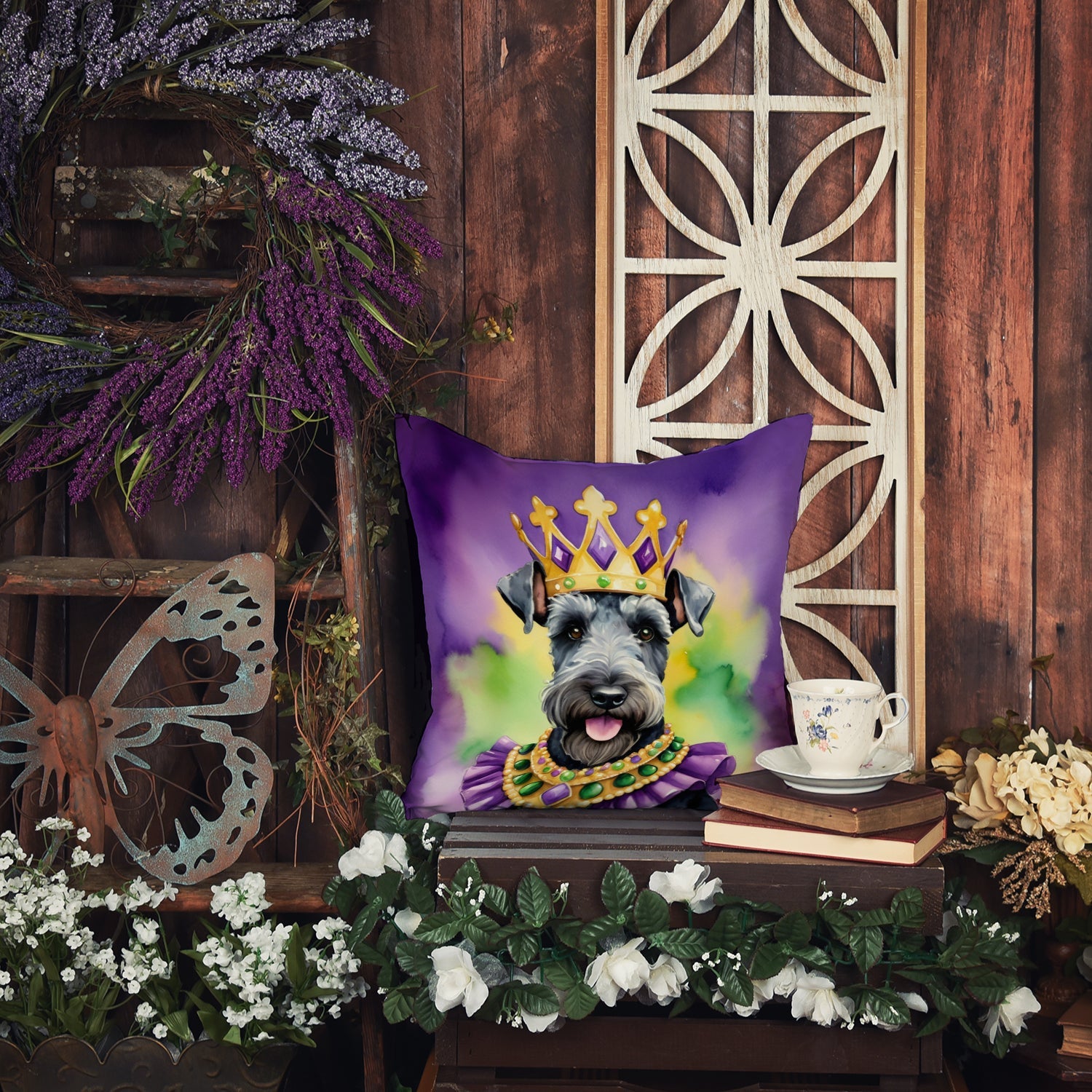 Kerry Blue Terrier King of Mardi Gras Decorative Throw Pillow 18x18 Indoor Outdoor Accent Cushion, Fabric Cover with Insert for Sofa, Bed, Porch & Living Room