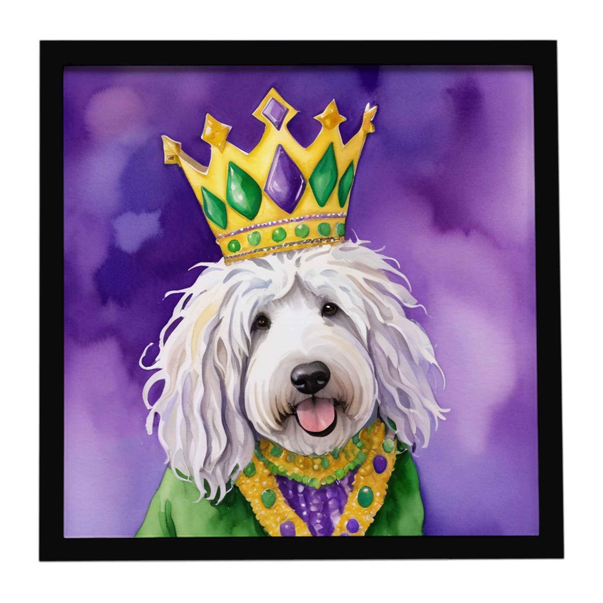 Komondor King of Mardi Gras Framed Metal Print Bathroom, Kitchen, Office, Home Decor Wall Art Ready to Hang, Square, 8X8