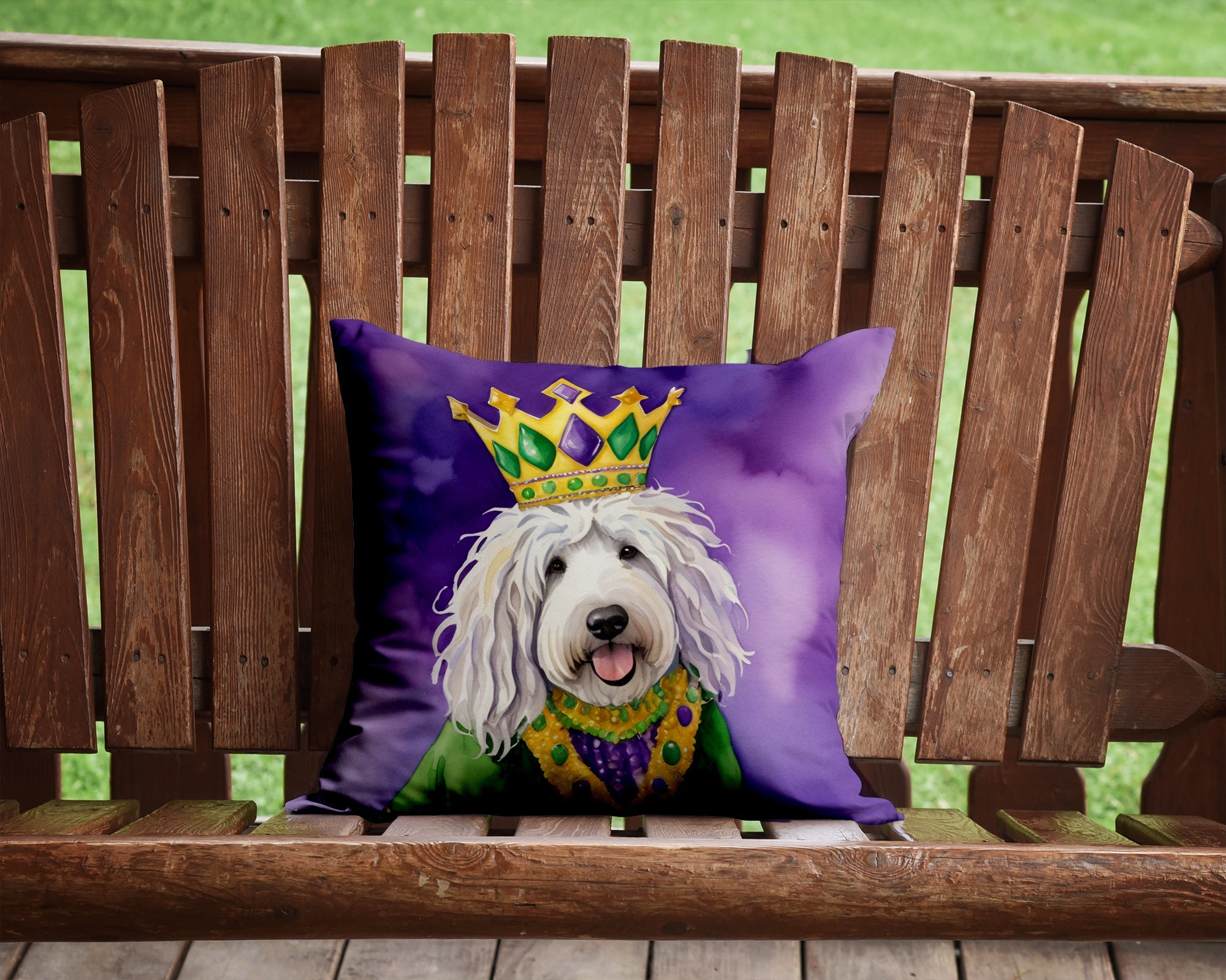 Komondor King of Mardi Gras Decorative Throw Pillow 14x14 Indoor Outdoor Accent Cushion, Fabric Cover with Insert for Sofa, Bed, Porch & Living Room