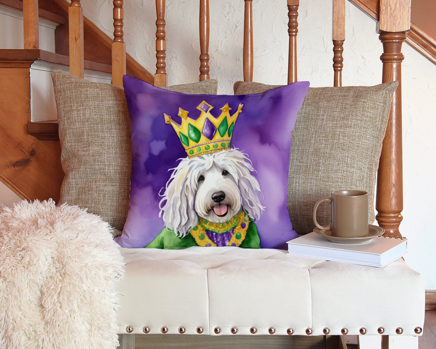 Komondor King of Mardi Gras Decorative Throw Pillow 14x14 Indoor Outdoor Accent Cushion, Fabric Cover with Insert for Sofa, Bed, Porch & Living Room