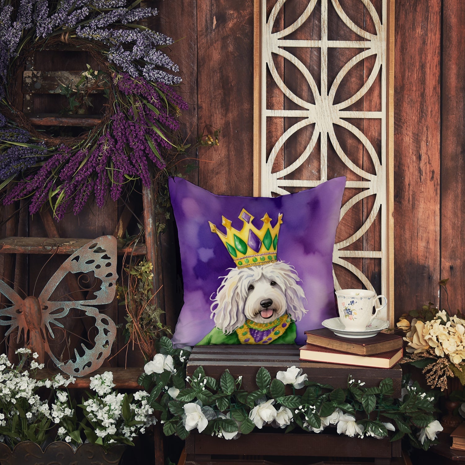 Komondor King of Mardi Gras Decorative Throw Pillow 14x14 Indoor Outdoor Accent Cushion, Fabric Cover with Insert for Sofa, Bed, Porch & Living Room