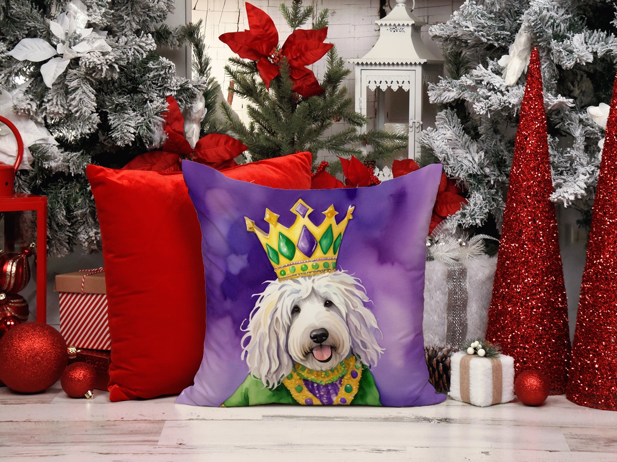 Komondor King of Mardi Gras Decorative Throw Pillow 14x14 Indoor Outdoor Accent Cushion, Fabric Cover with Insert for Sofa, Bed, Porch & Living Room