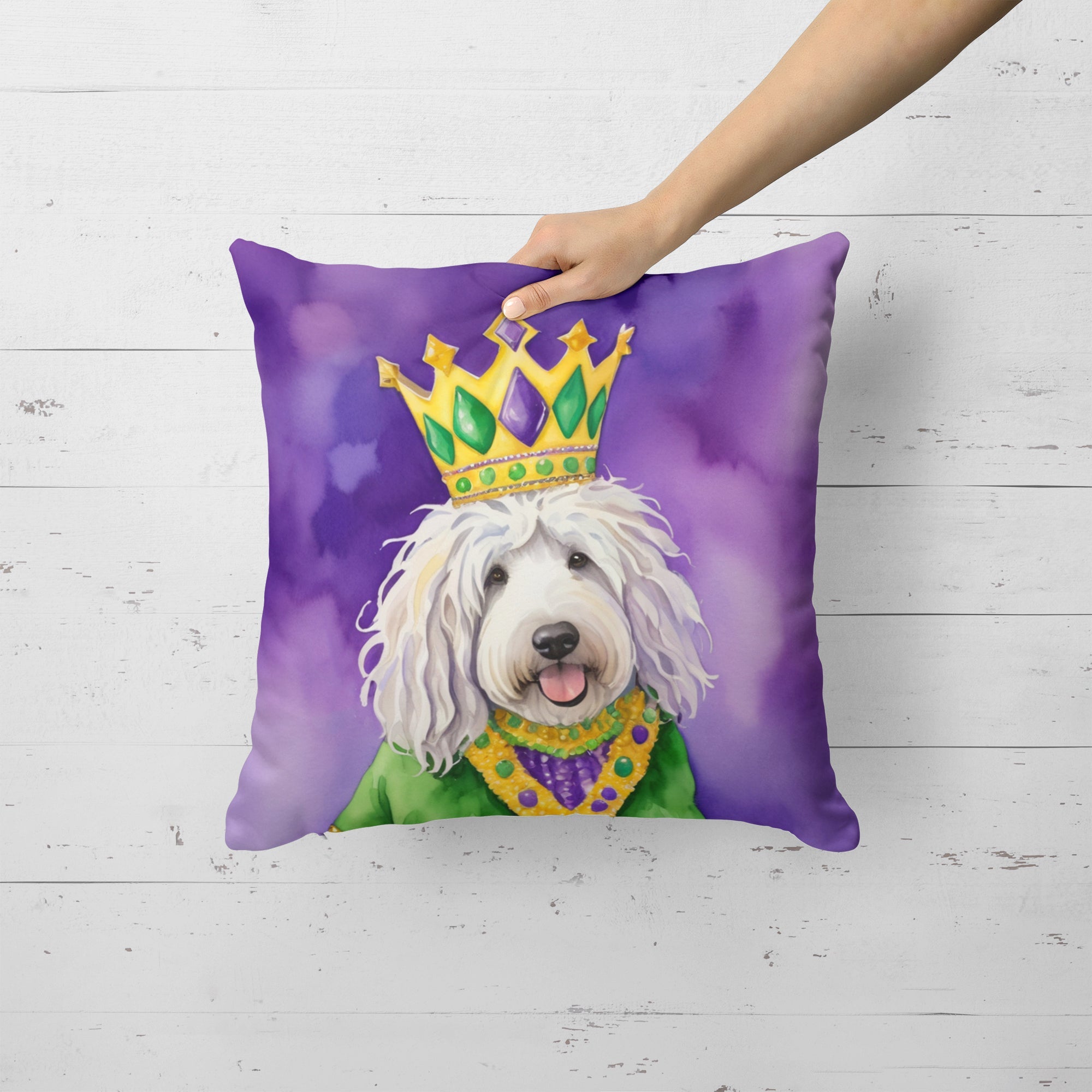 Komondor King of Mardi Gras Decorative Throw Pillow 18x18 Indoor Outdoor Accent Cushion, Fabric Cover with Insert for Sofa, Bed, Porch & Living Room