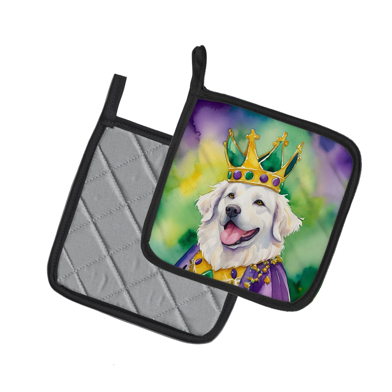 Kuvasz King of Mardi Gras Pot Holder Set of 2 Heat Resistant Quilted Hot Pads 7.5 x 7.5 Inch, Insulated Kitchen Trivets for Cooking & Baking