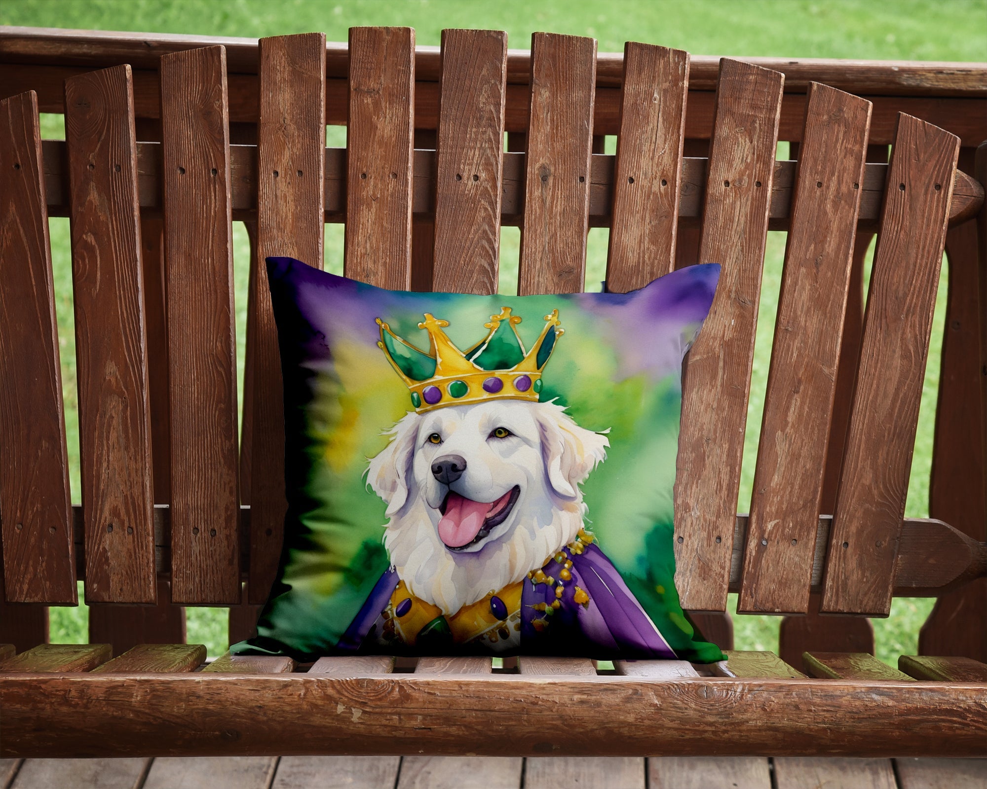 Kuvasz King of Mardi Gras Decorative Throw Pillow 14x14 Indoor Outdoor Accent Cushion, Fabric Cover with Insert for Sofa, Bed, Porch & Living Room