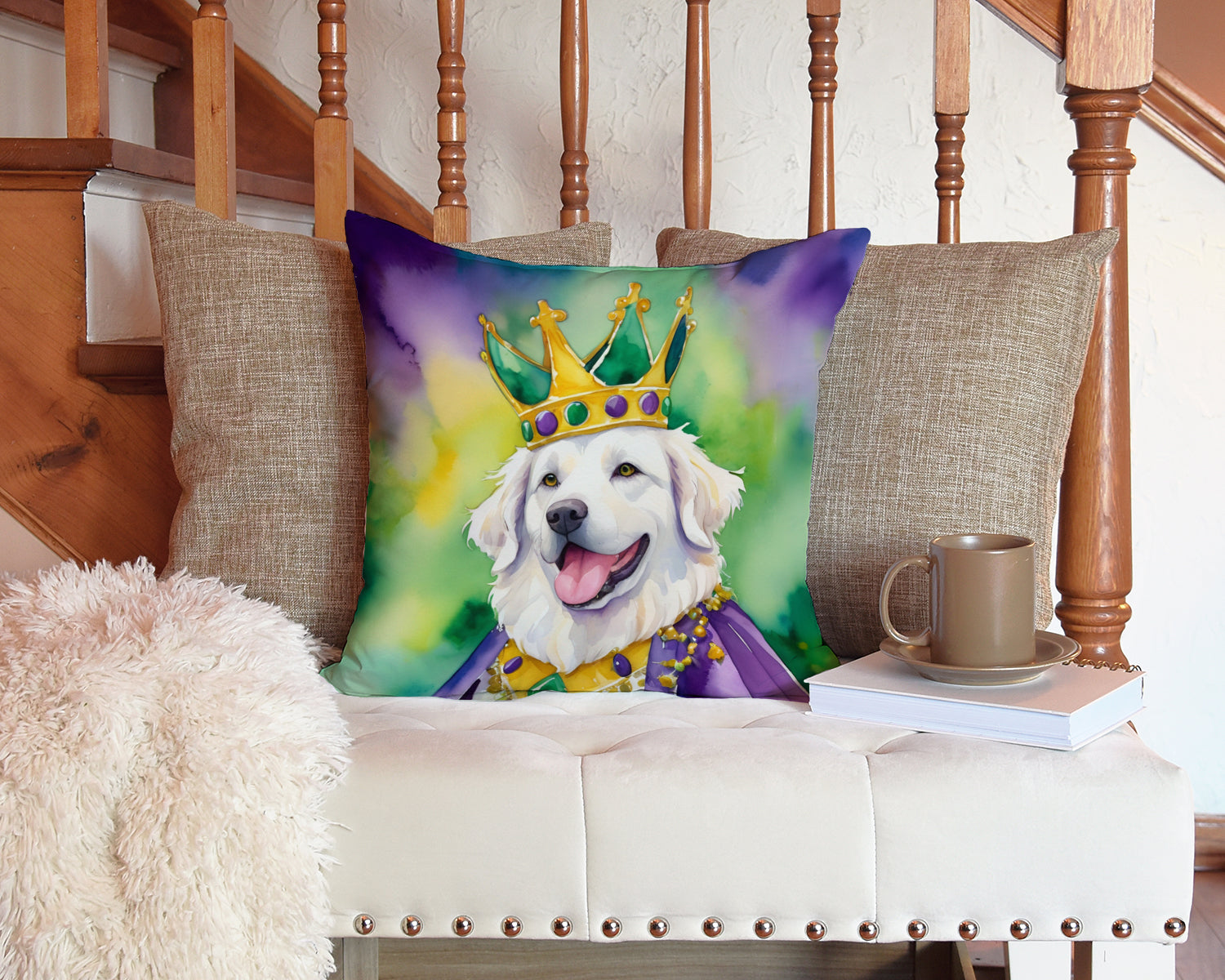 Kuvasz King of Mardi Gras Decorative Throw Pillow 14x14 Indoor Outdoor Accent Cushion, Fabric Cover with Insert for Sofa, Bed, Porch & Living Room