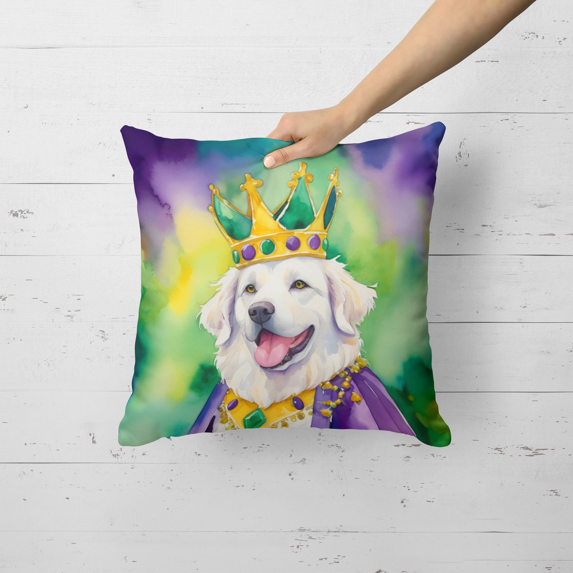 Kuvasz King of Mardi Gras Decorative Throw Pillow 18x18 Indoor Outdoor Accent Cushion, Fabric Cover with Insert for Sofa, Bed, Porch & Living Room