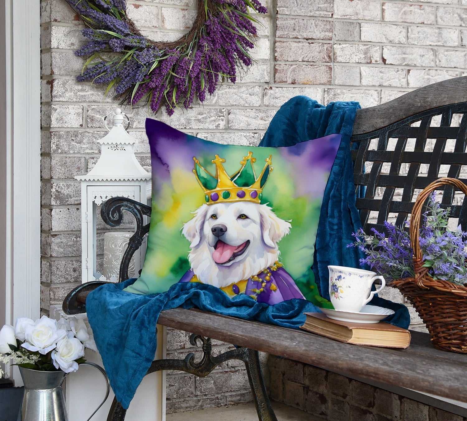Kuvasz King of Mardi Gras Decorative Throw Pillow 18x18 Indoor Outdoor Accent Cushion, Fabric Cover with Insert for Sofa, Bed, Porch & Living Room