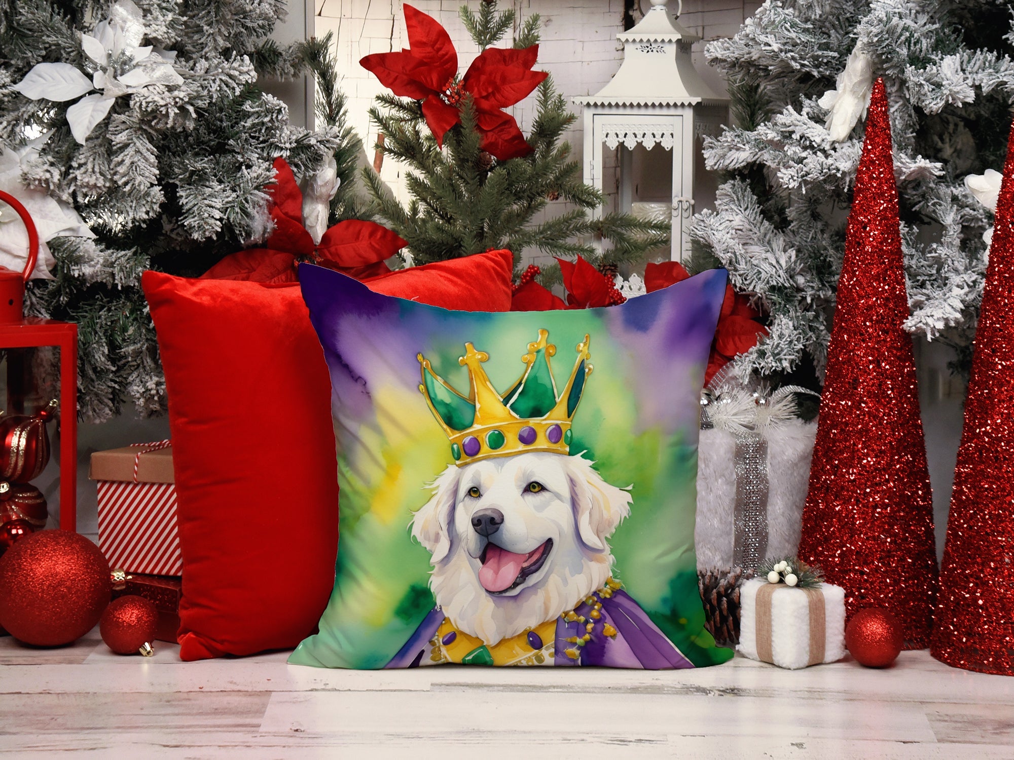 Kuvasz King of Mardi Gras Decorative Throw Pillow 18x18 Indoor Outdoor Accent Cushion, Fabric Cover with Insert for Sofa, Bed, Porch & Living Room