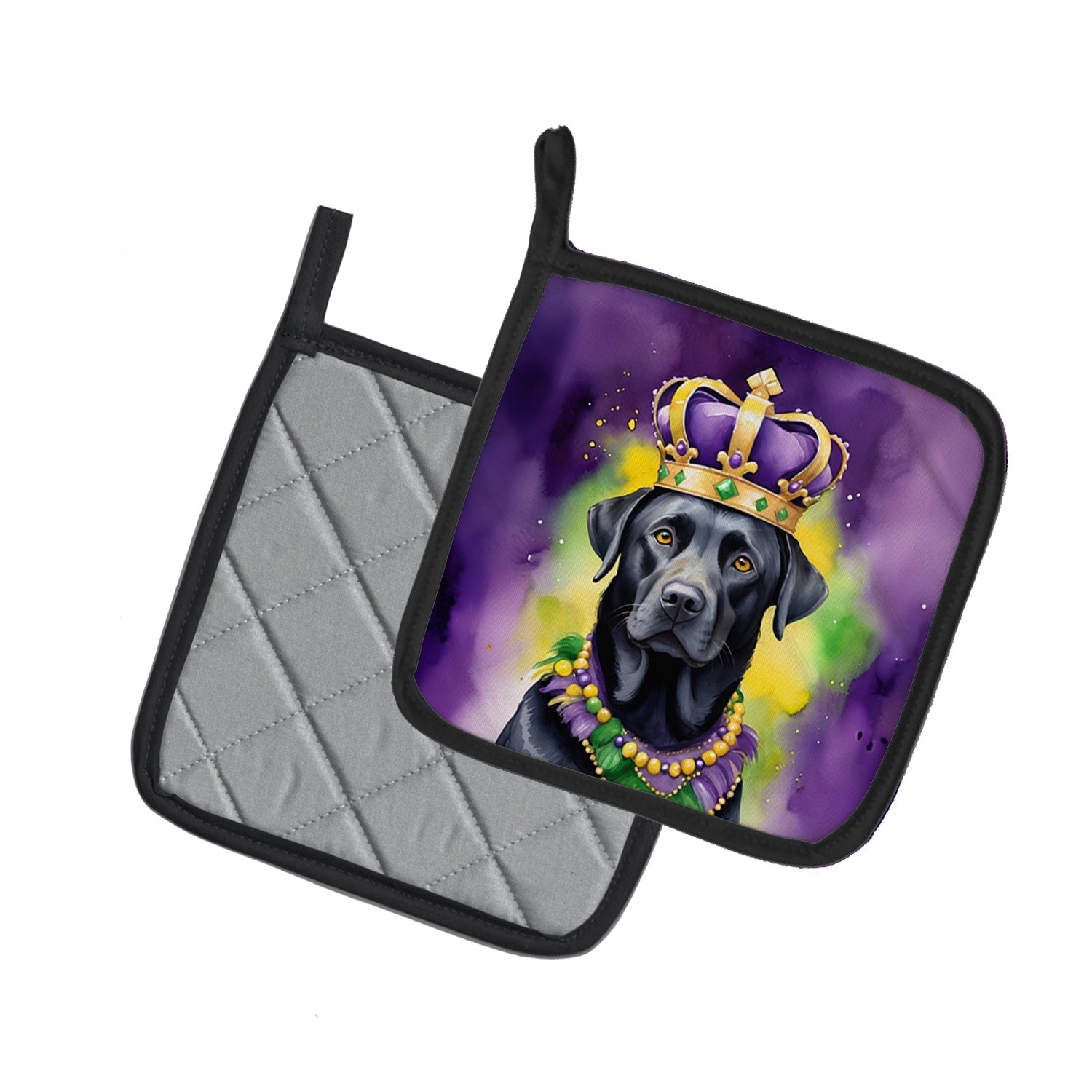 Labrador Retriever King of Mardi Gras Pot Holder Set of 2 Heat Resistant Quilted Hot Pads 7.5 x 7.5 Inch, Insulated Kitchen Trivets for Cooking & Baking