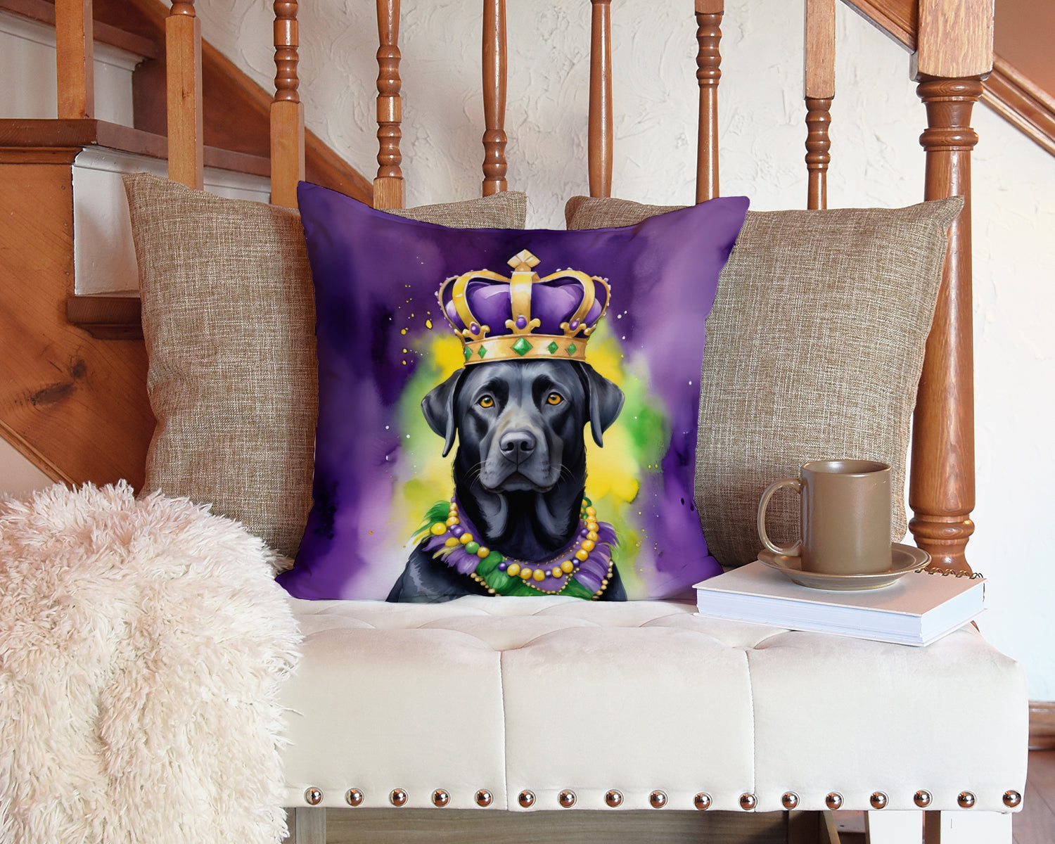 Labrador Retriever King of Mardi Gras Decorative Throw Pillow 14x14 Indoor Outdoor Accent Cushion, Fabric Cover with Insert for Sofa, Bed, Porch & Living Room