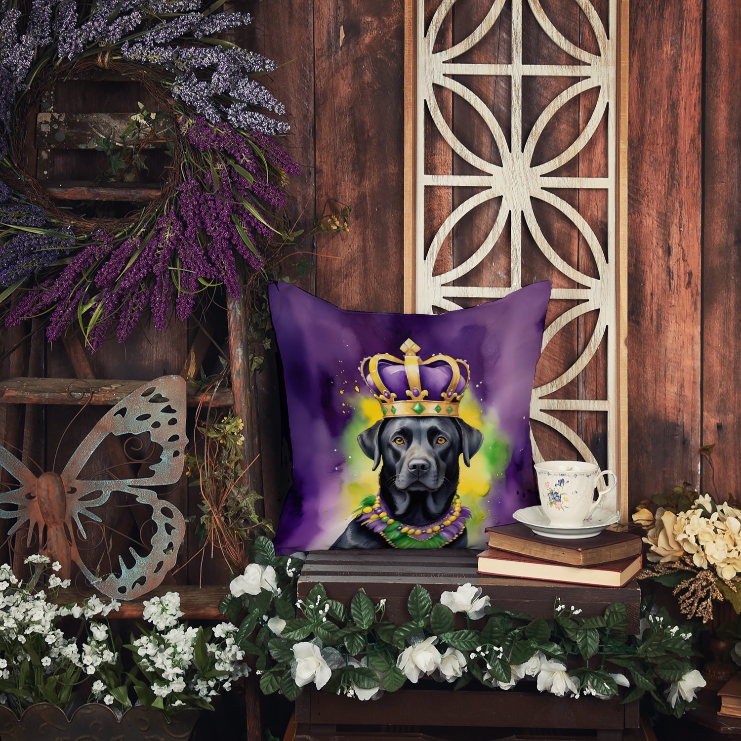 Labrador Retriever King of Mardi Gras Decorative Throw Pillow 14x14 Indoor Outdoor Accent Cushion, Fabric Cover with Insert for Sofa, Bed, Porch & Living Room