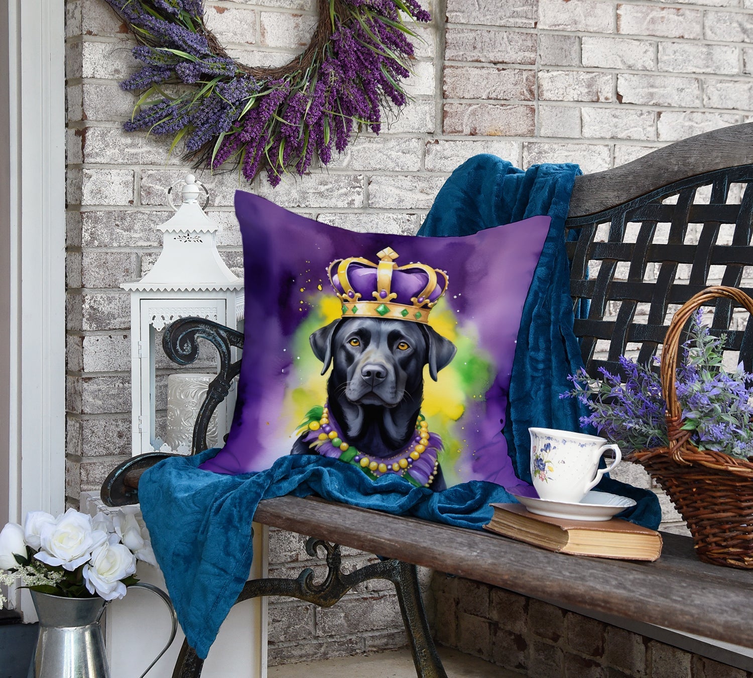 Labrador Retriever King of Mardi Gras Decorative Throw Pillow 18x18 Indoor Outdoor Accent Cushion, Fabric Cover with Insert for Sofa, Bed, Porch & Living Room