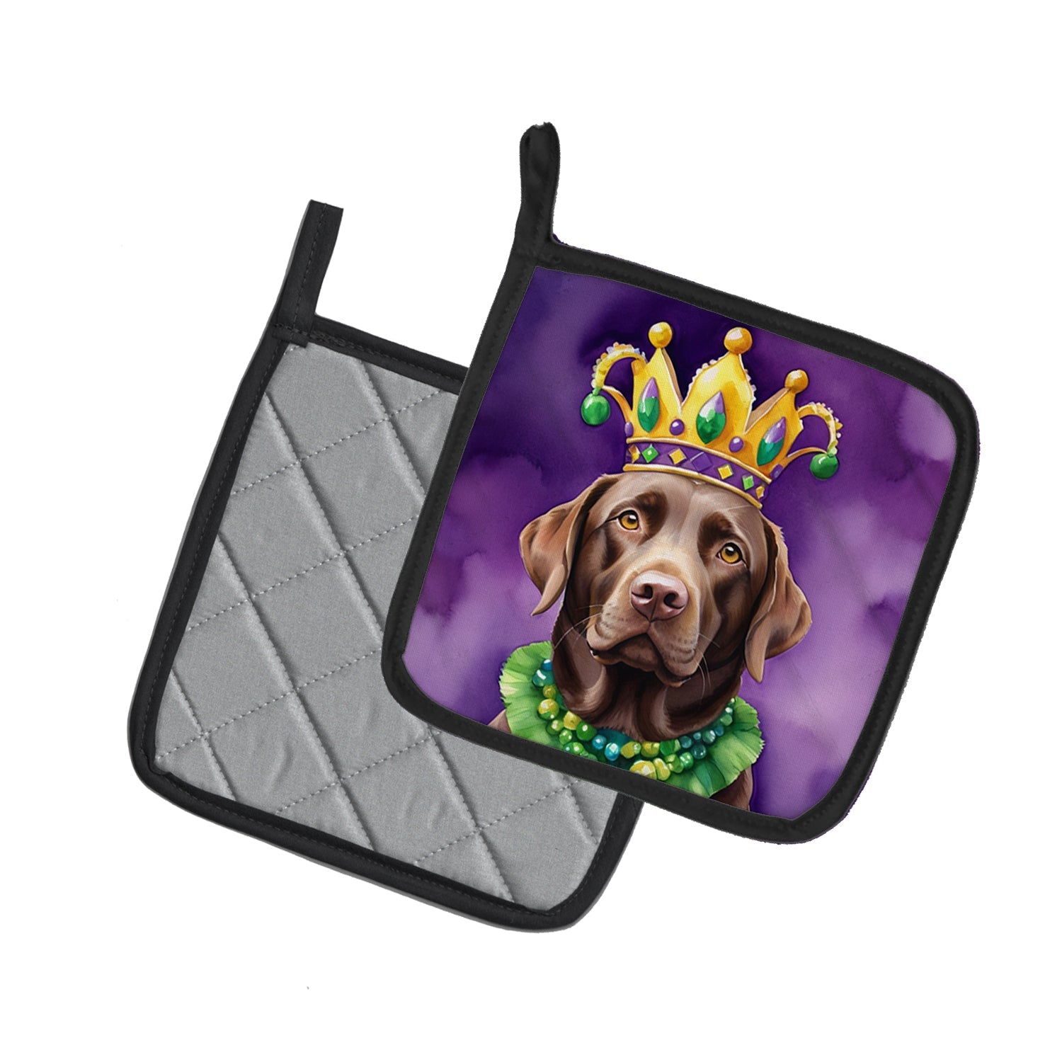 Labrador Retriever King of Mardi Gras Pot Holder Set of 2 Heat Resistant Quilted Hot Pads 7.5 x 7.5 Inch, Insulated Kitchen Trivets for Cooking & Baking