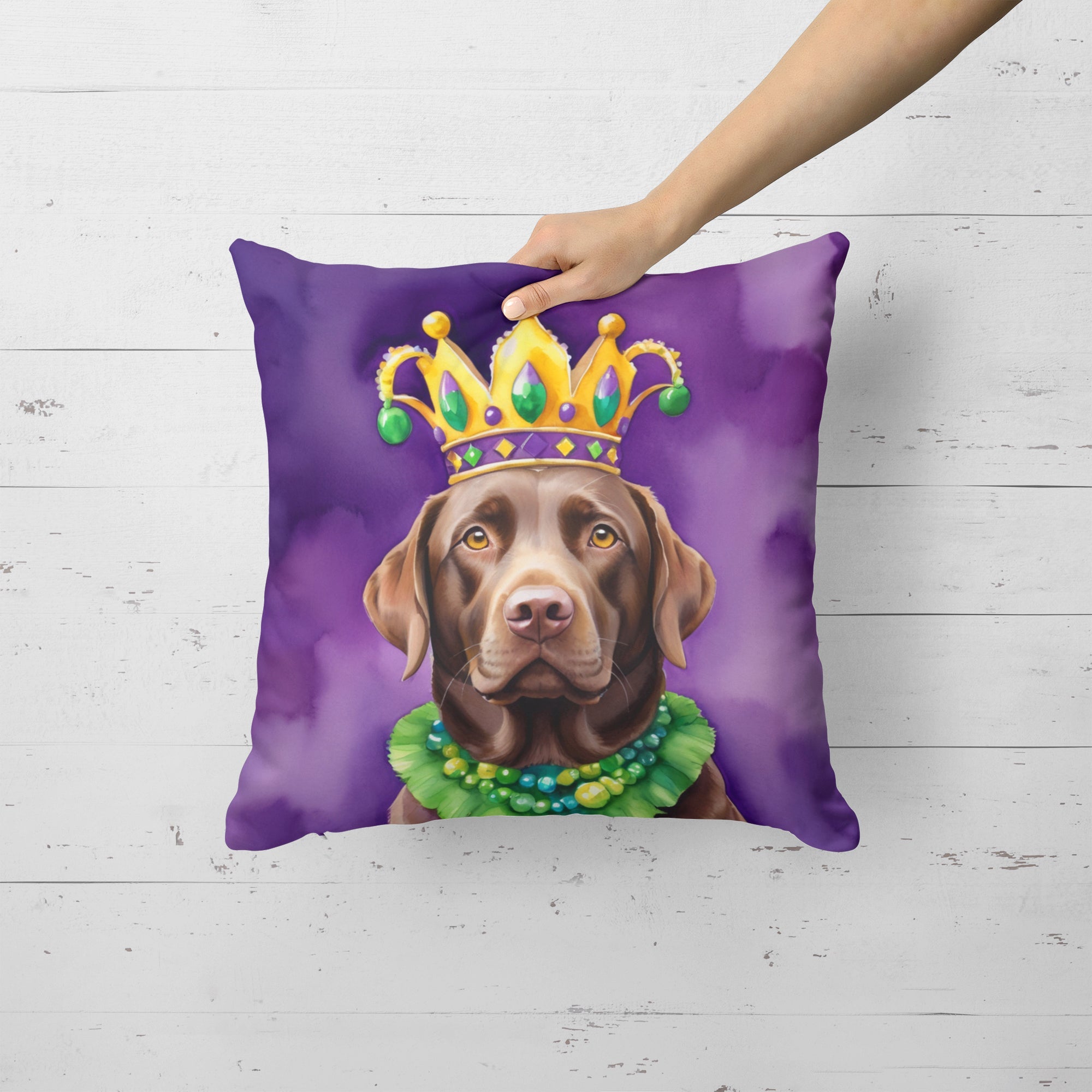 Labrador Retriever King of Mardi Gras Decorative Throw Pillow 18x18 Indoor Outdoor Accent Cushion, Fabric Cover with Insert for Sofa, Bed, Porch & Living Room