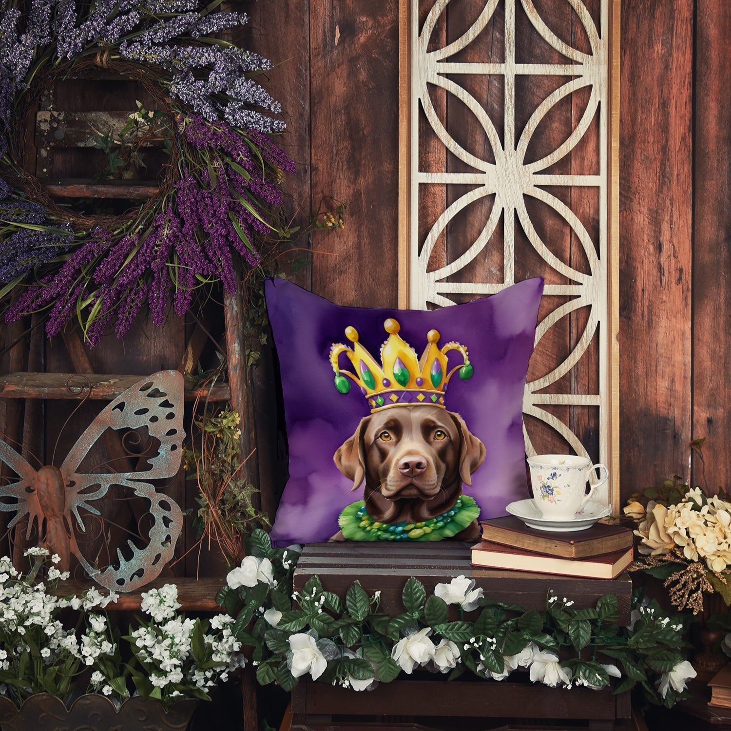 Labrador Retriever King of Mardi Gras Decorative Throw Pillow 18x18 Indoor Outdoor Accent Cushion, Fabric Cover with Insert for Sofa, Bed, Porch & Living Room