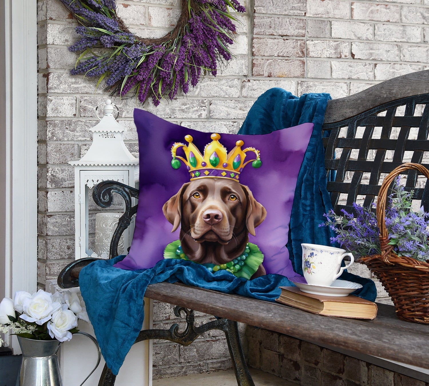 Labrador Retriever King of Mardi Gras Decorative Throw Pillow 18x18 Indoor Outdoor Accent Cushion, Fabric Cover with Insert for Sofa, Bed, Porch & Living Room