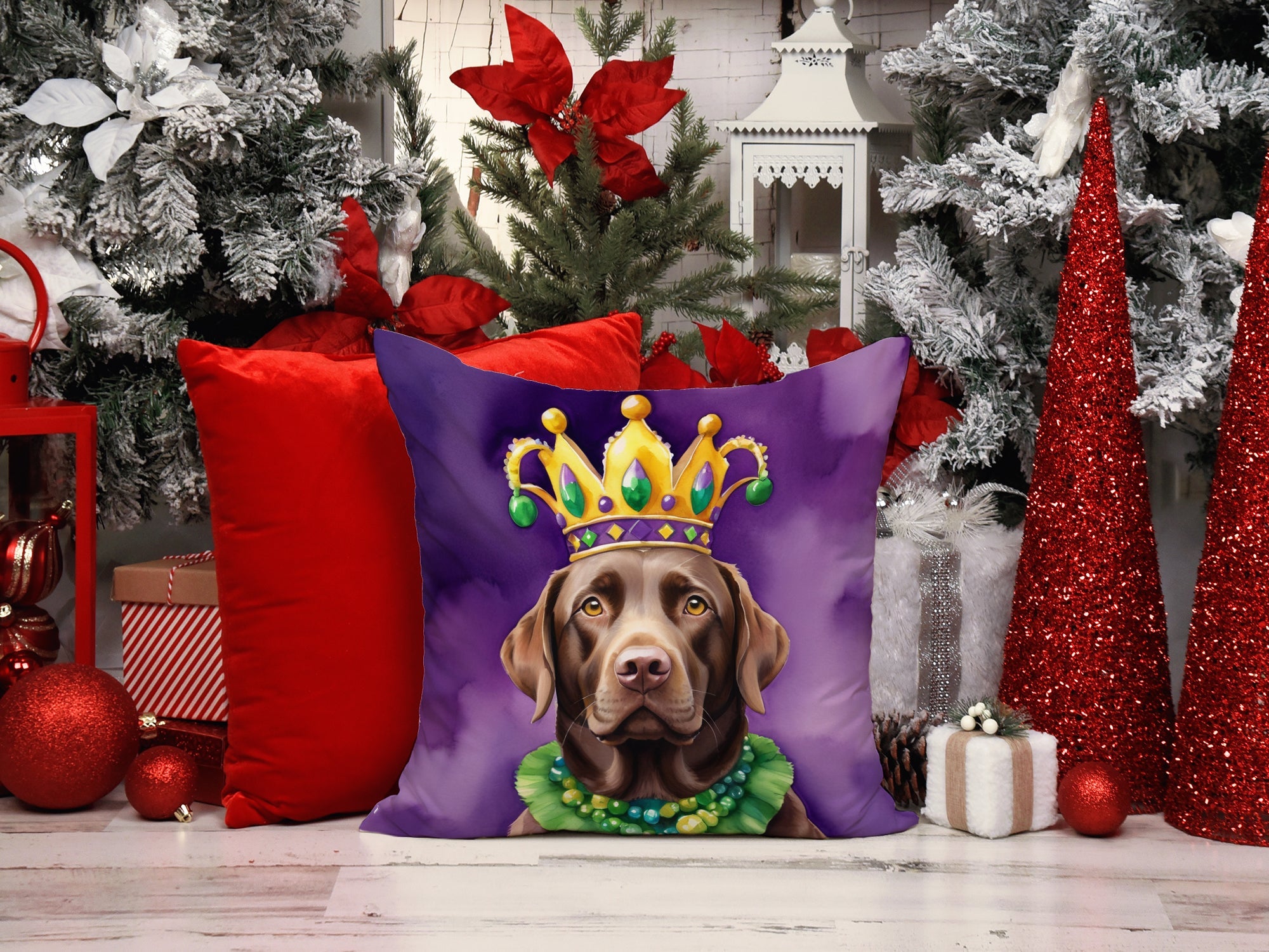 Labrador Retriever King of Mardi Gras Decorative Throw Pillow 18x18 Indoor Outdoor Accent Cushion, Fabric Cover with Insert for Sofa, Bed, Porch & Living Room