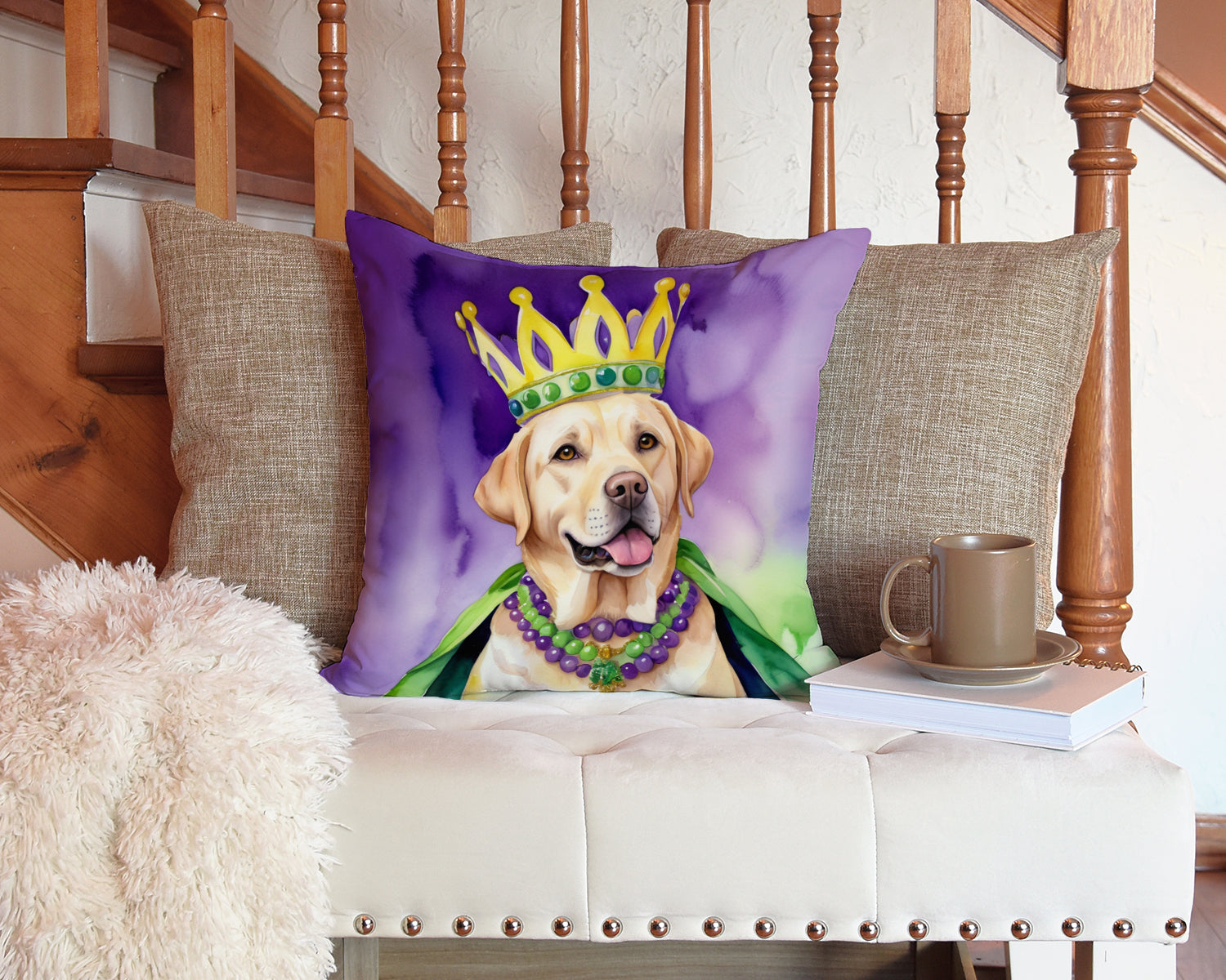Labrador Retriever King of Mardi Gras Decorative Throw Pillow 14x14 Indoor Outdoor Accent Cushion, Fabric Cover with Insert for Sofa, Bed, Porch & Living Room