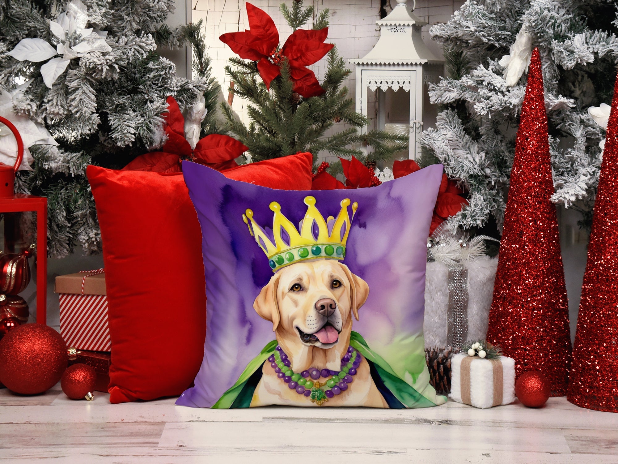 Labrador Retriever King of Mardi Gras Decorative Throw Pillow 14x14 Indoor Outdoor Accent Cushion, Fabric Cover with Insert for Sofa, Bed, Porch & Living Room