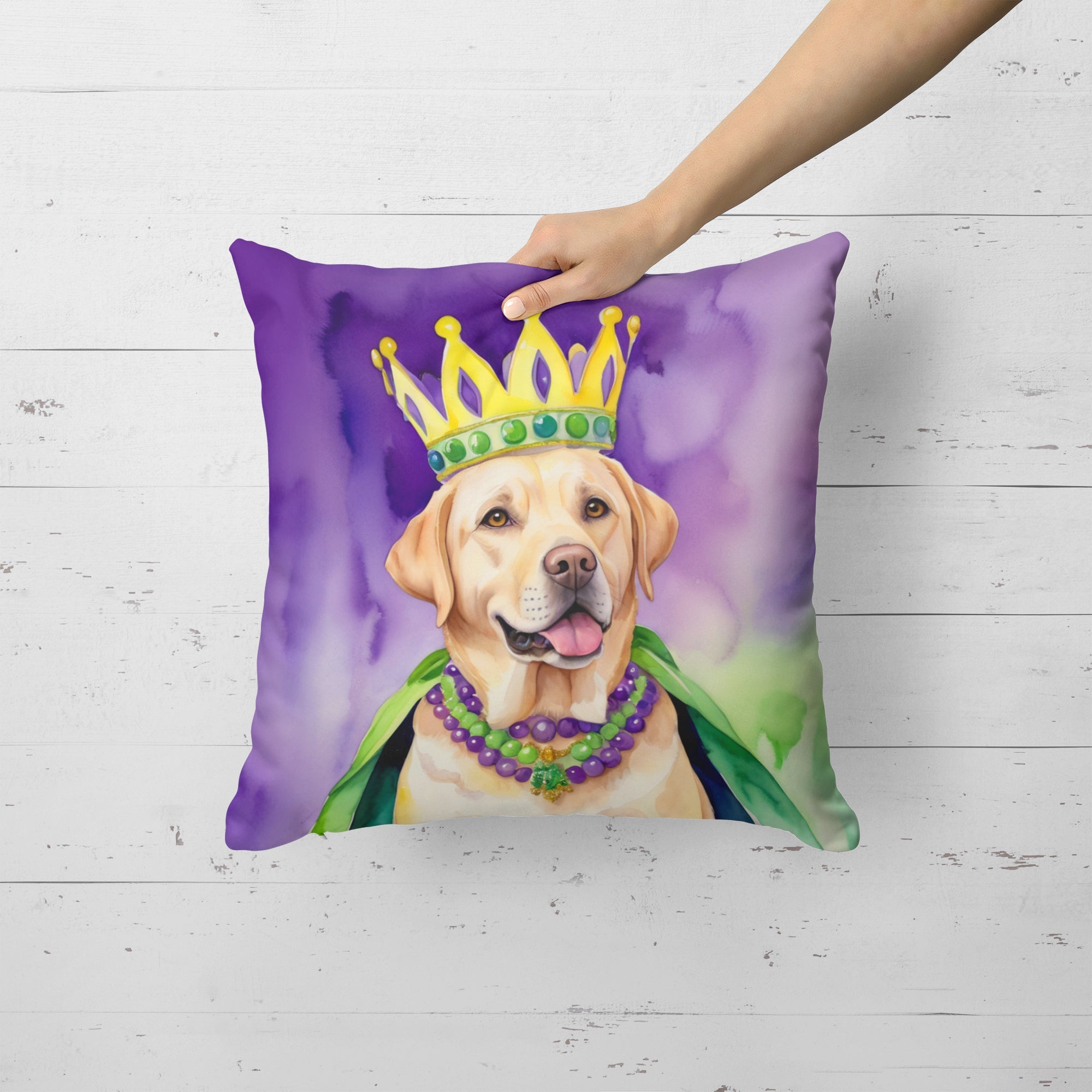 Labrador Retriever King of Mardi Gras Decorative Throw Pillow 18x18 Indoor Outdoor Accent Cushion, Fabric Cover with Insert for Sofa, Bed, Porch & Living Room