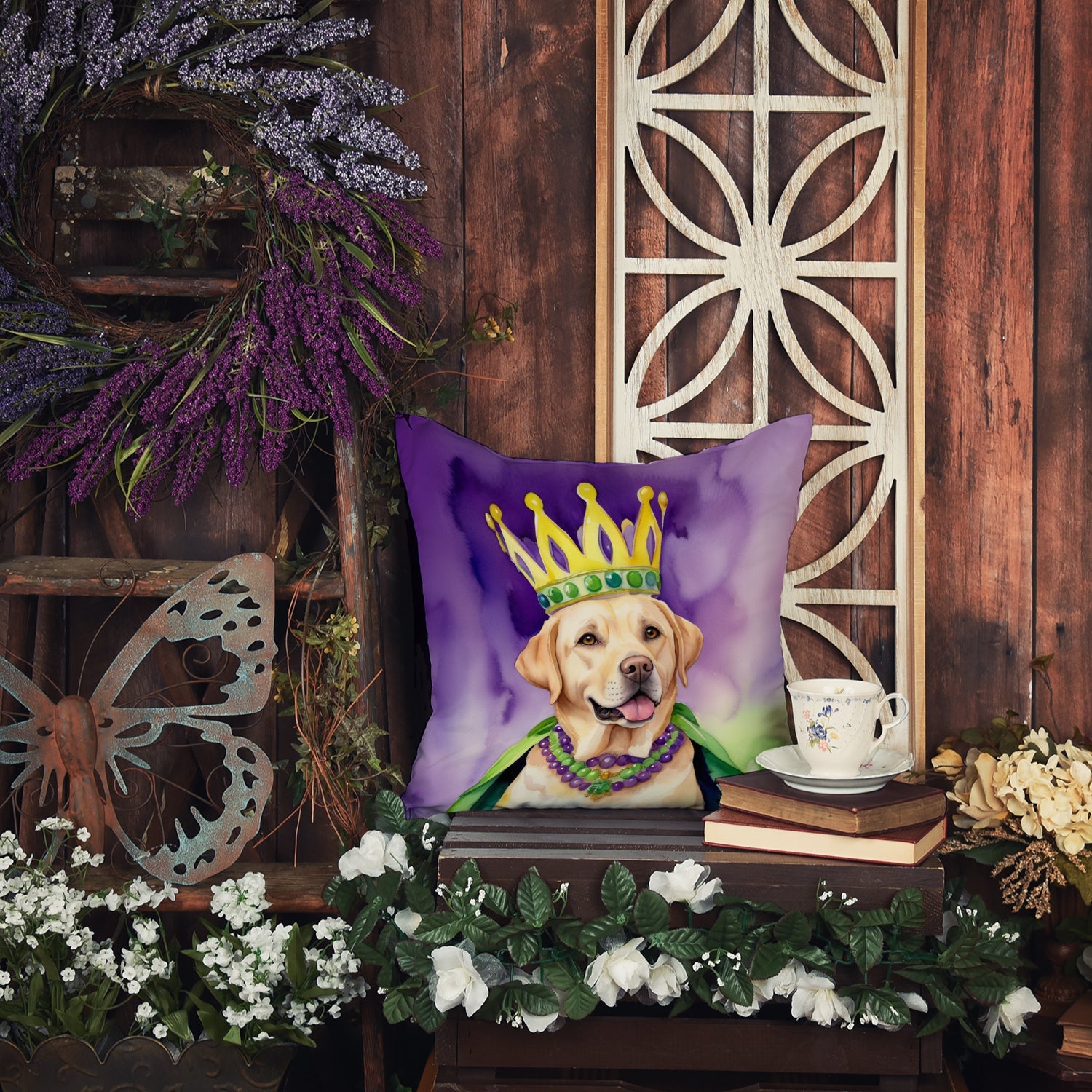 Labrador Retriever King of Mardi Gras Decorative Throw Pillow 18x18 Indoor Outdoor Accent Cushion, Fabric Cover with Insert for Sofa, Bed, Porch & Living Room