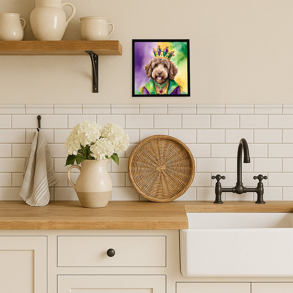 Labradoodle King of Mardi Gras Framed Metal Print Bathroom, Kitchen, Office, Home Decor Wall Art Ready to Hang, Square, 8X8