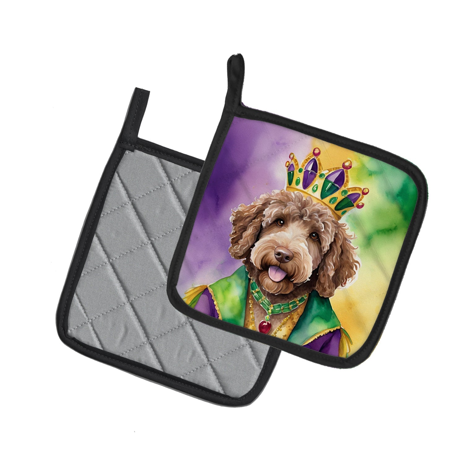Labradoodle King of Mardi Gras Pot Holder Set of 2 Heat Resistant Quilted Hot Pads 7.5 x 7.5 Inch, Insulated Kitchen Trivets for Cooking & Baking