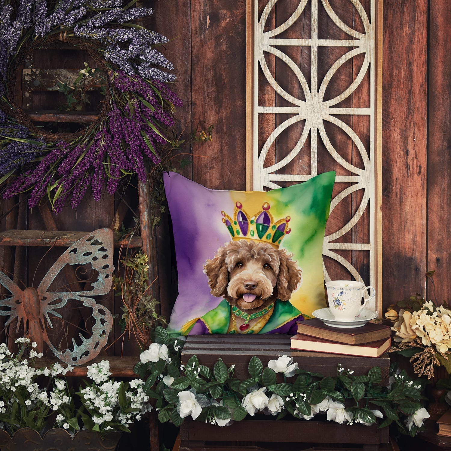 Labradoodle King of Mardi Gras Decorative Throw Pillow 18x18 Indoor Outdoor Accent Cushion, Fabric Cover with Insert for Sofa, Bed, Porch & Living Room