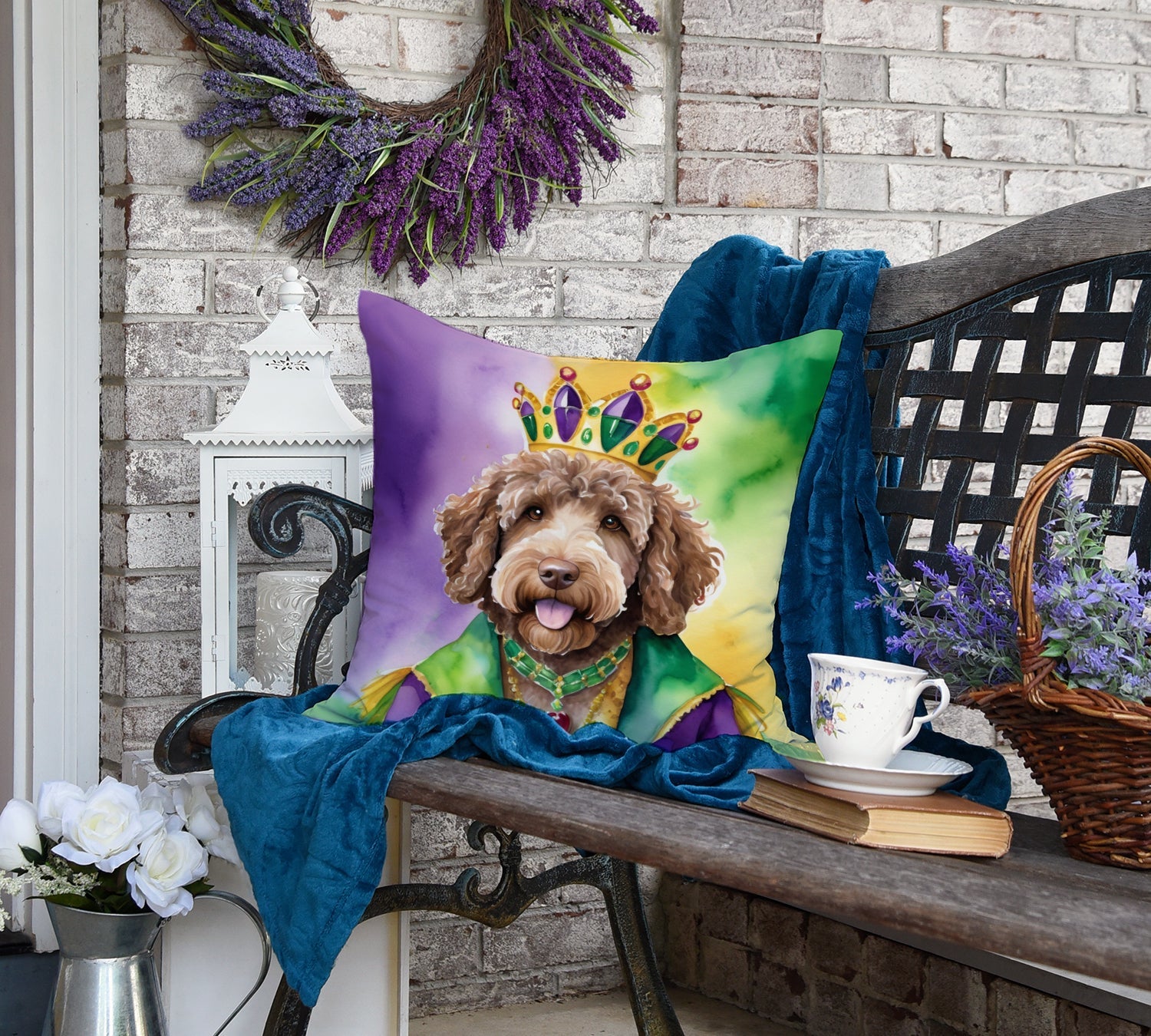 Labradoodle King of Mardi Gras Decorative Throw Pillow 18x18 Indoor Outdoor Accent Cushion, Fabric Cover with Insert for Sofa, Bed, Porch & Living Room