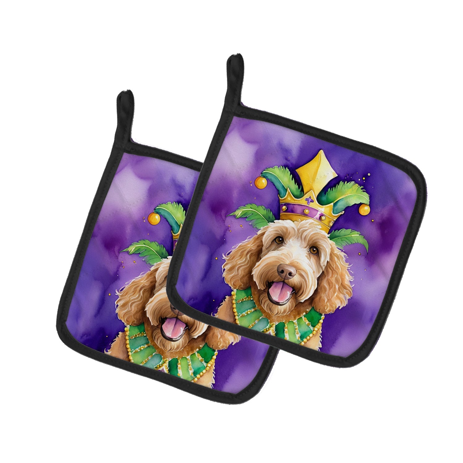 Labradoodle King of Mardi Gras Pot Holder Set of 2 Heat Resistant Quilted Hot Pads 7.5 x 7.5 Inch, Insulated Kitchen Trivets for Cooking & Baking