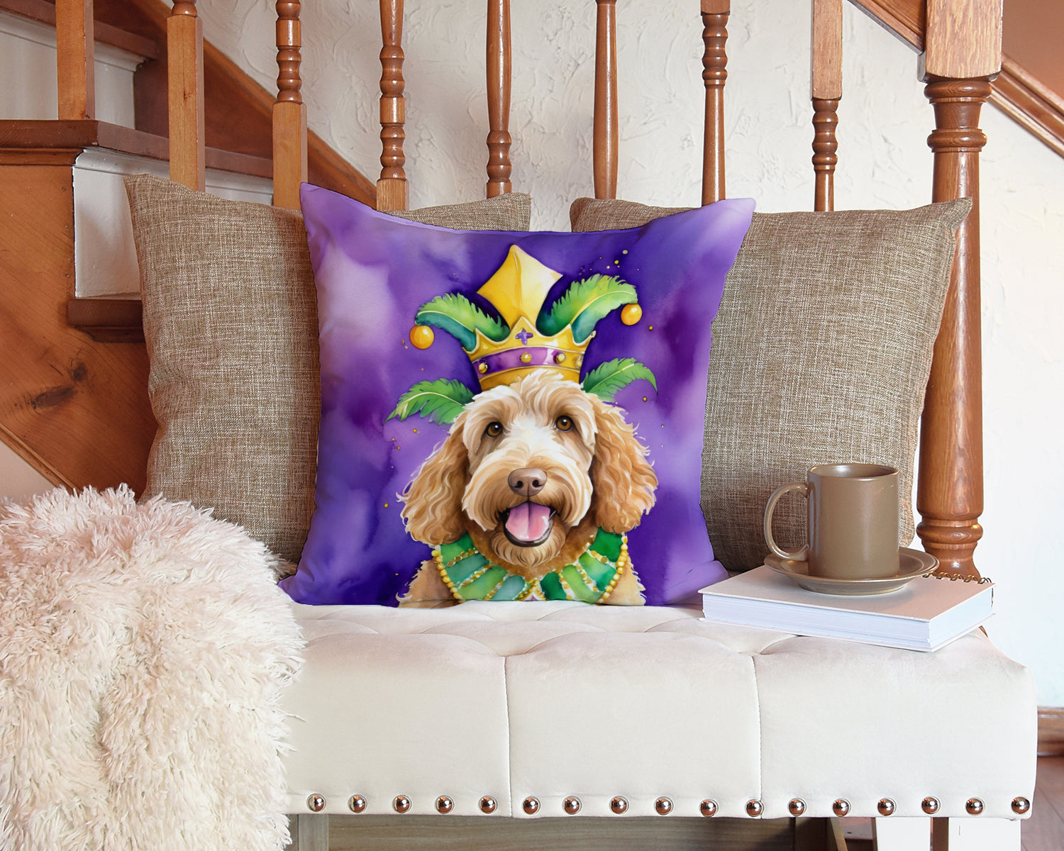 Labradoodle King of Mardi Gras Decorative Throw Pillow 14x14 Indoor Outdoor Accent Cushion, Fabric Cover with Insert for Sofa, Bed, Porch & Living Room