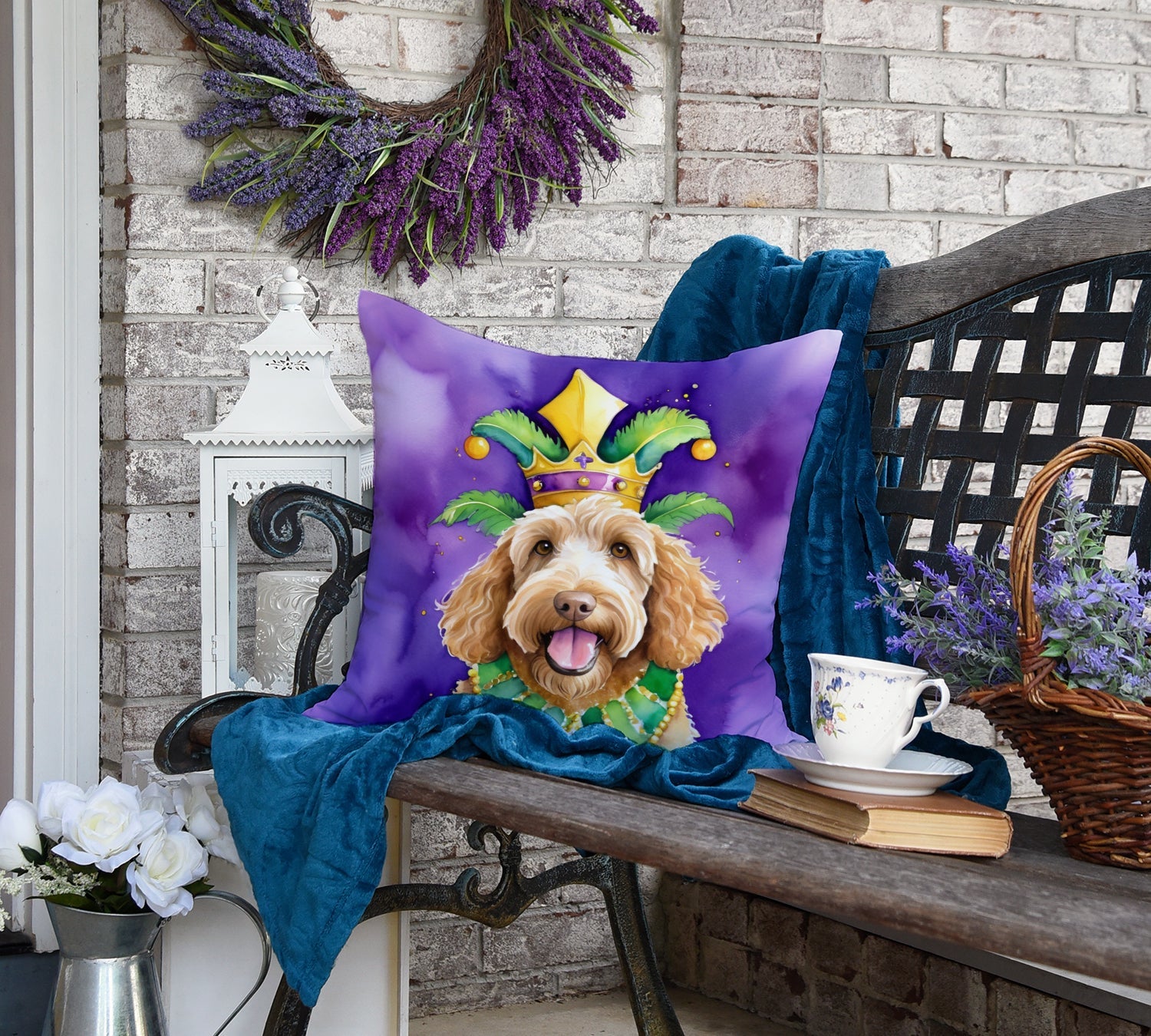 Labradoodle King of Mardi Gras Decorative Throw Pillow 18x18 Indoor Outdoor Accent Cushion, Fabric Cover with Insert for Sofa, Bed, Porch & Living Room