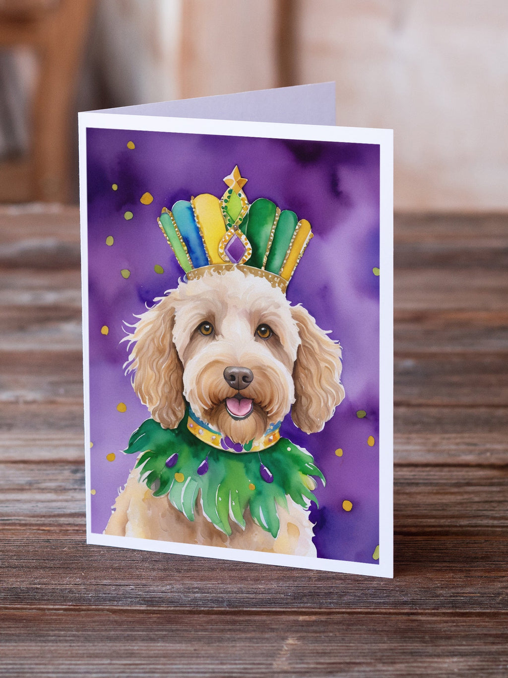 Labradoodle King of Mardi Gras Greeting Cards Pack of 8 Blank Cards with Envelopes Whimsical A7 Size 5x7
