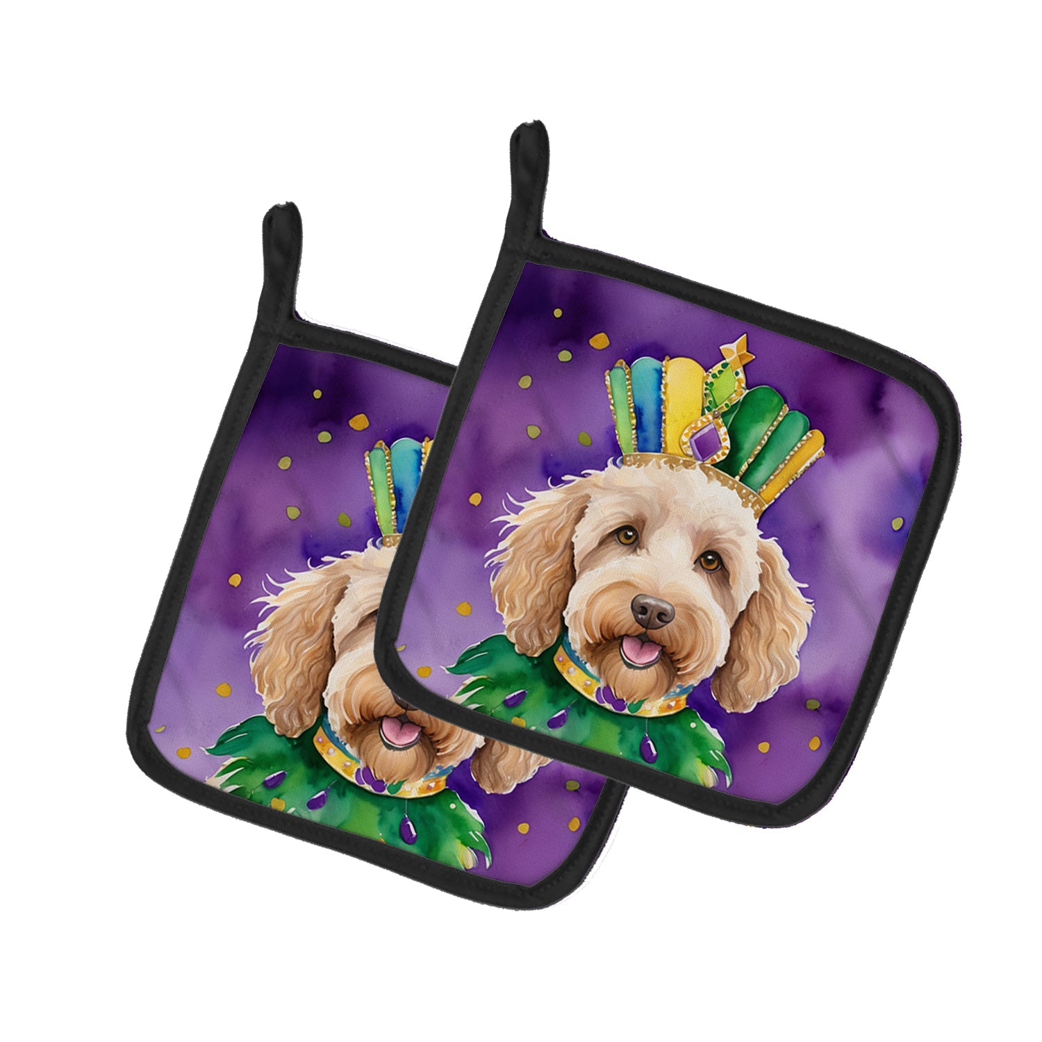 Labradoodle King of Mardi Gras Pot Holder Set of 2 Heat Resistant Quilted Hot Pads 7.5 x 7.5 Inch, Insulated Kitchen Trivets for Cooking & Baking